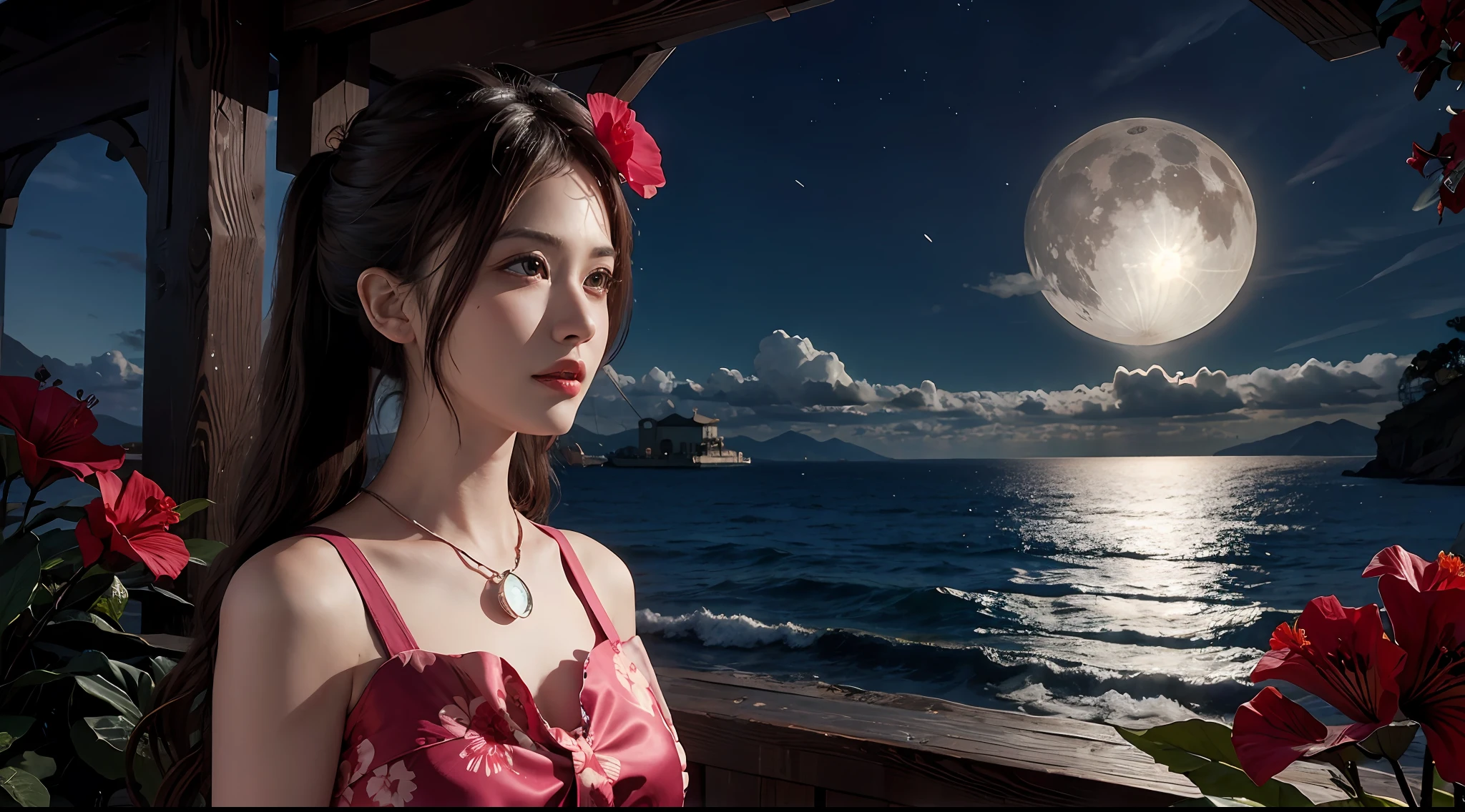 hibiscus Moon with water drops,neon glow, random background, sun rise, bokha mood