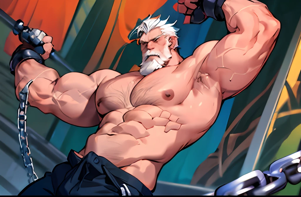 (masterpiece, highres, ultra detailed, best quality:1.2), (colorful, depth of field, dutch angle, person-centric:1.4), a close up of a cartoon of a man with a beard muscular character, strong chest, muscular characters, muscular! white, muscular male hero, technoviking male with no shirt, strong arms, showing strong muscles, large muscles, Reinhardt Wilhelm from Overwatch, Reinhardt, old man, mature man, white hairs, white beard, solo, big body compared to head, male focus, muscular, topless male, thick abs, mature male, pectorals, thick stomach, chest hair, navel, large pectorals, thick wrists, showing armpits, one hand chained, stretched by chains, left arm up, green prisoner pants,