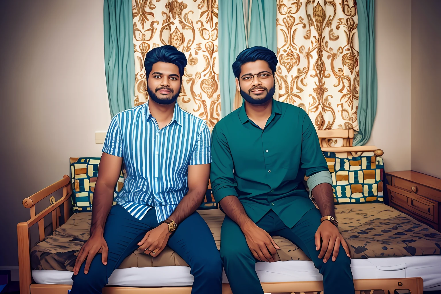 they are sitting on a bed together in a room, two buddies sitting in a room, ghutra and egal, shot on sony a 7 iii, jayison devadas, taken with sony alpha 9, taken with canon 8 0 d, two young men, taken with canon eos 5 d mark iv, accurate depiction, shot on canon eos r 5