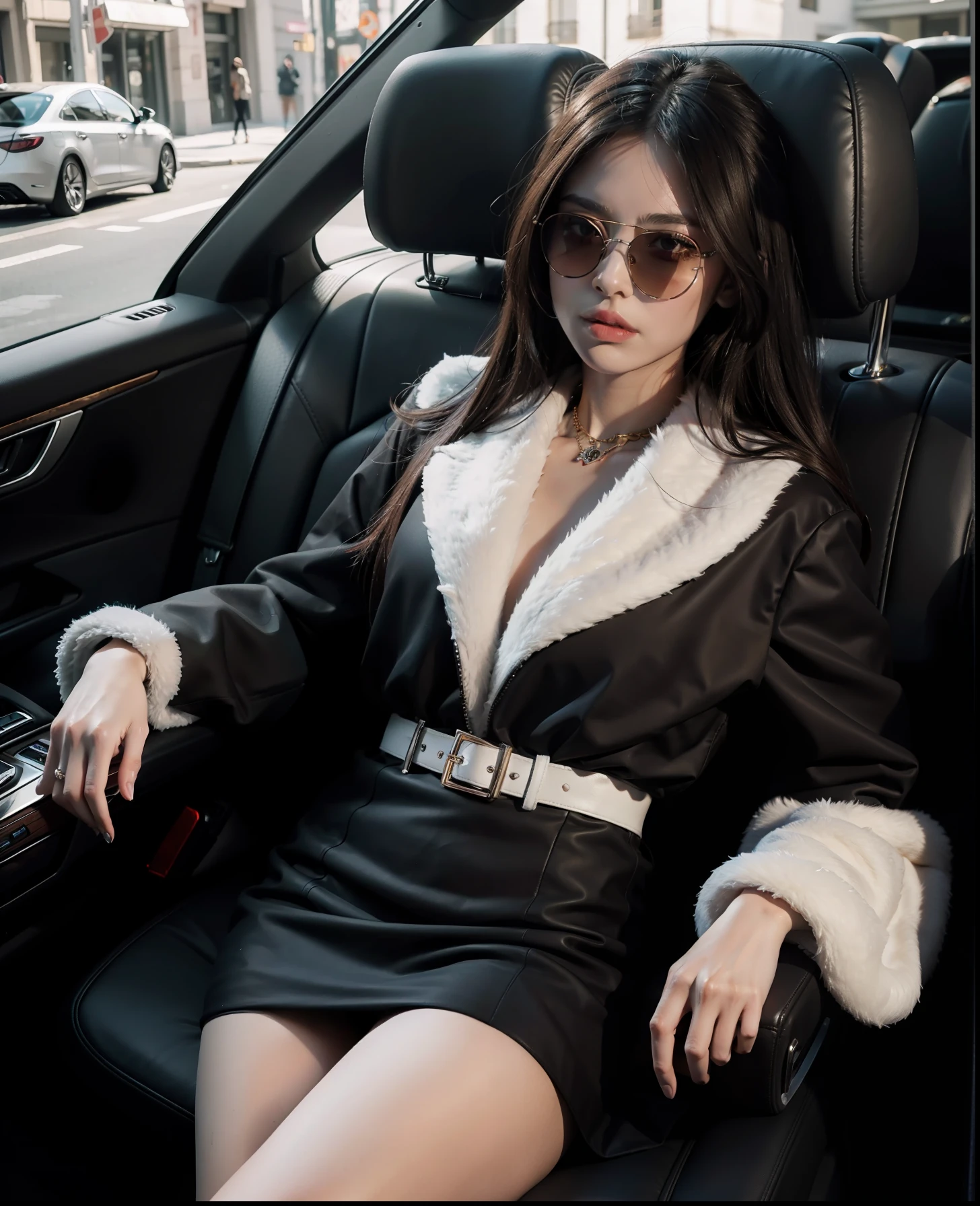 Woman wearing sunglasses and wearing fur dress sitting in luxury car