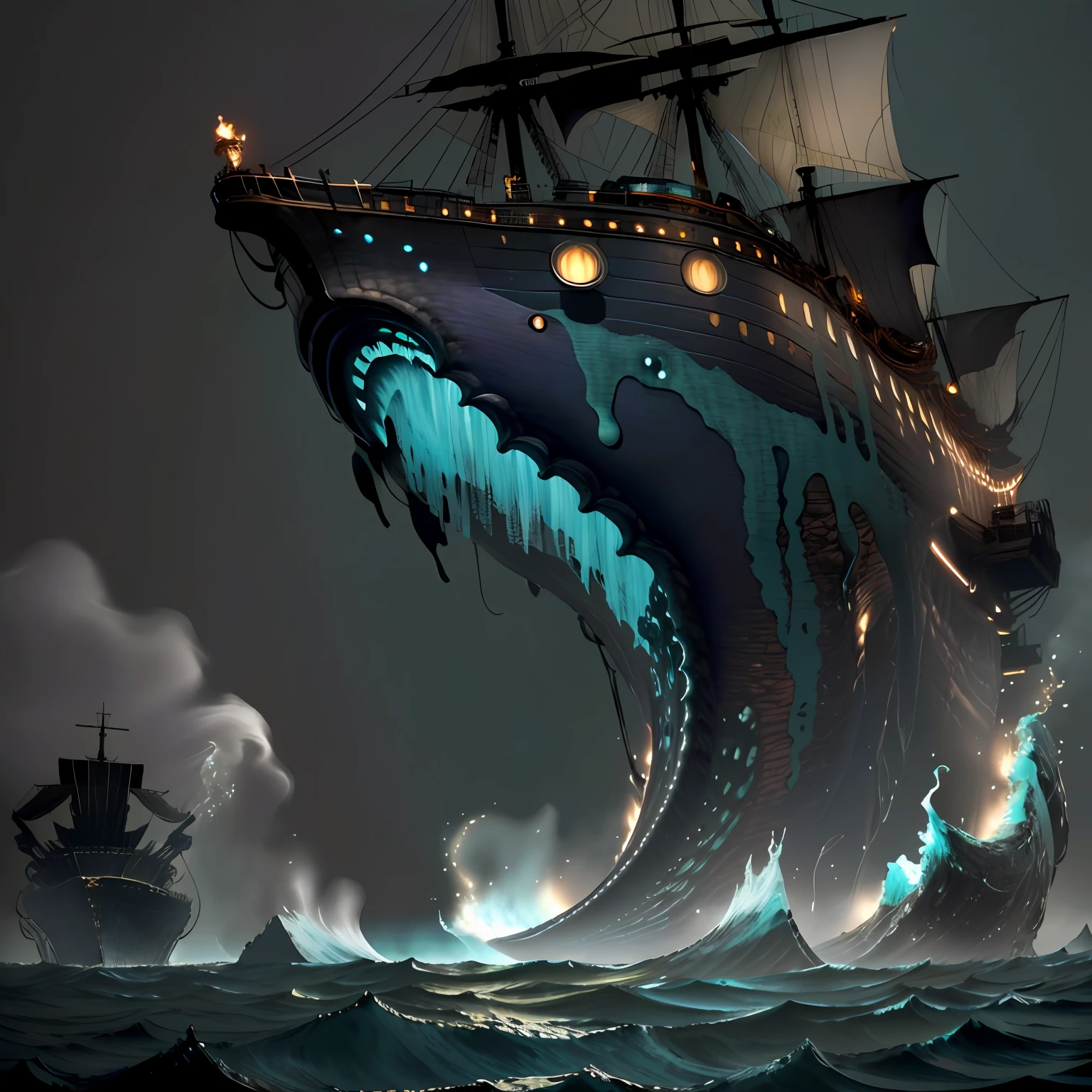 A colossal Kraken rises from the depths of the ocean, its massive tentacles reaching out to seize a ship sailing on the surface. The ship's crew scramble to defend themselves as the Kraken's eye, glowing with an otherworldly intensity, locks onto them.
 Monstrous, menacing, ominous, tentacled, ancient, powerful, colossal, terrifying, underwater, mysterious.
The image should be captured through digital art or a mix of digital and traditional media. The focus should be on the details of the Kraken's massive form and its writhing tentacles, with the ship and crew in the foreground to provide a sense of scale. The color palette should be dark and ominous, with blues and greens reminiscent of the depths of the ocean.