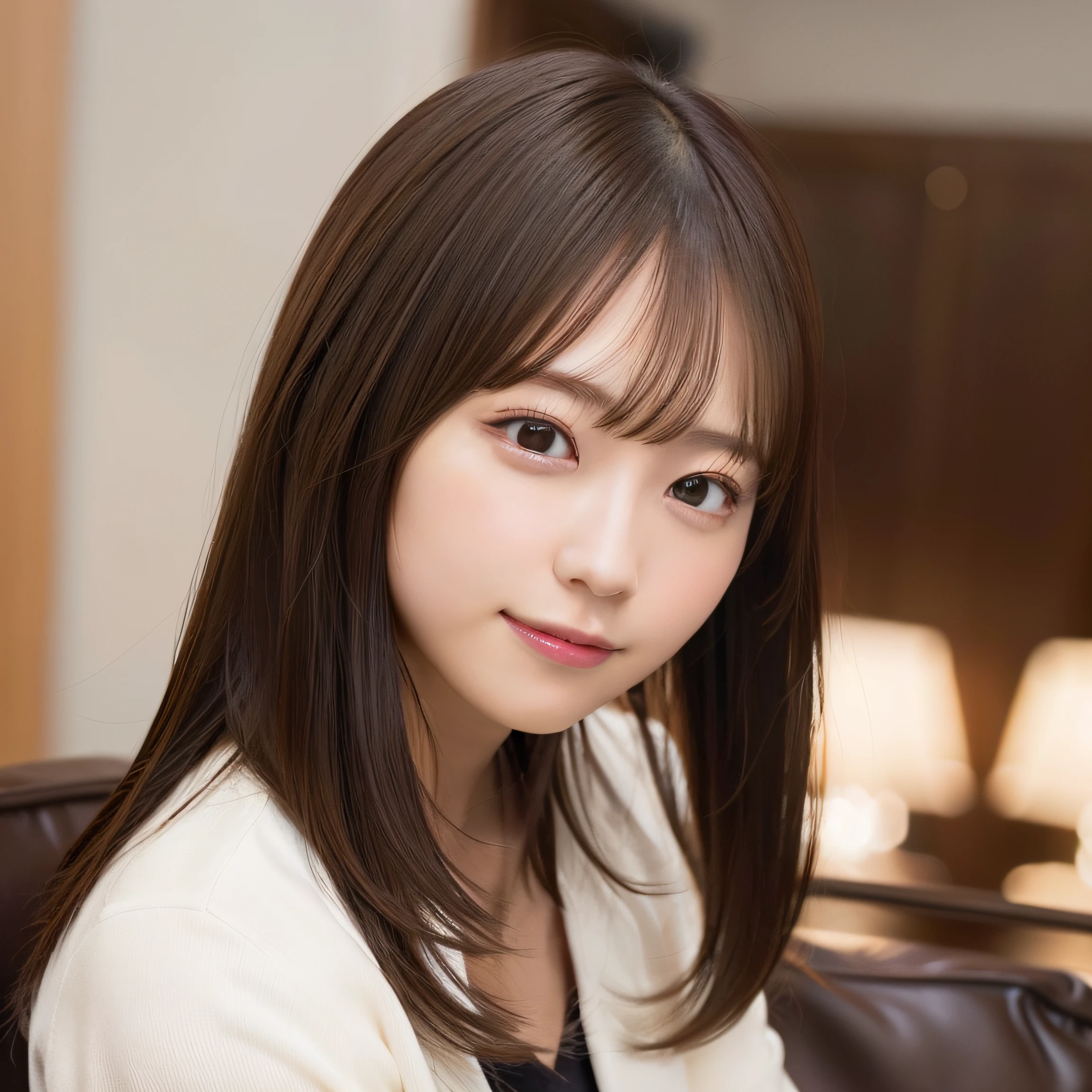 8k RAW photo,Best Quality, top-quality:1.1, masterpiece:1.3,超A high resolution, (Photorealistic:1.4), Raw photo, (upper thigh:1.5, From Side), natural skin textures:1.1, realistic eyes and face details:1.3, Full lips,(Background is blurry:1.4), (in a suite), 1日本人の女の子, Cute, (Solo:1.6), (Shy smile), (Dark brown eyes), Smooth skin, (Brown medium hair,Bangs), (touch hair:1.4),nogizaka,s Office,Business suits、full bodyesbian、Sit on the sofa