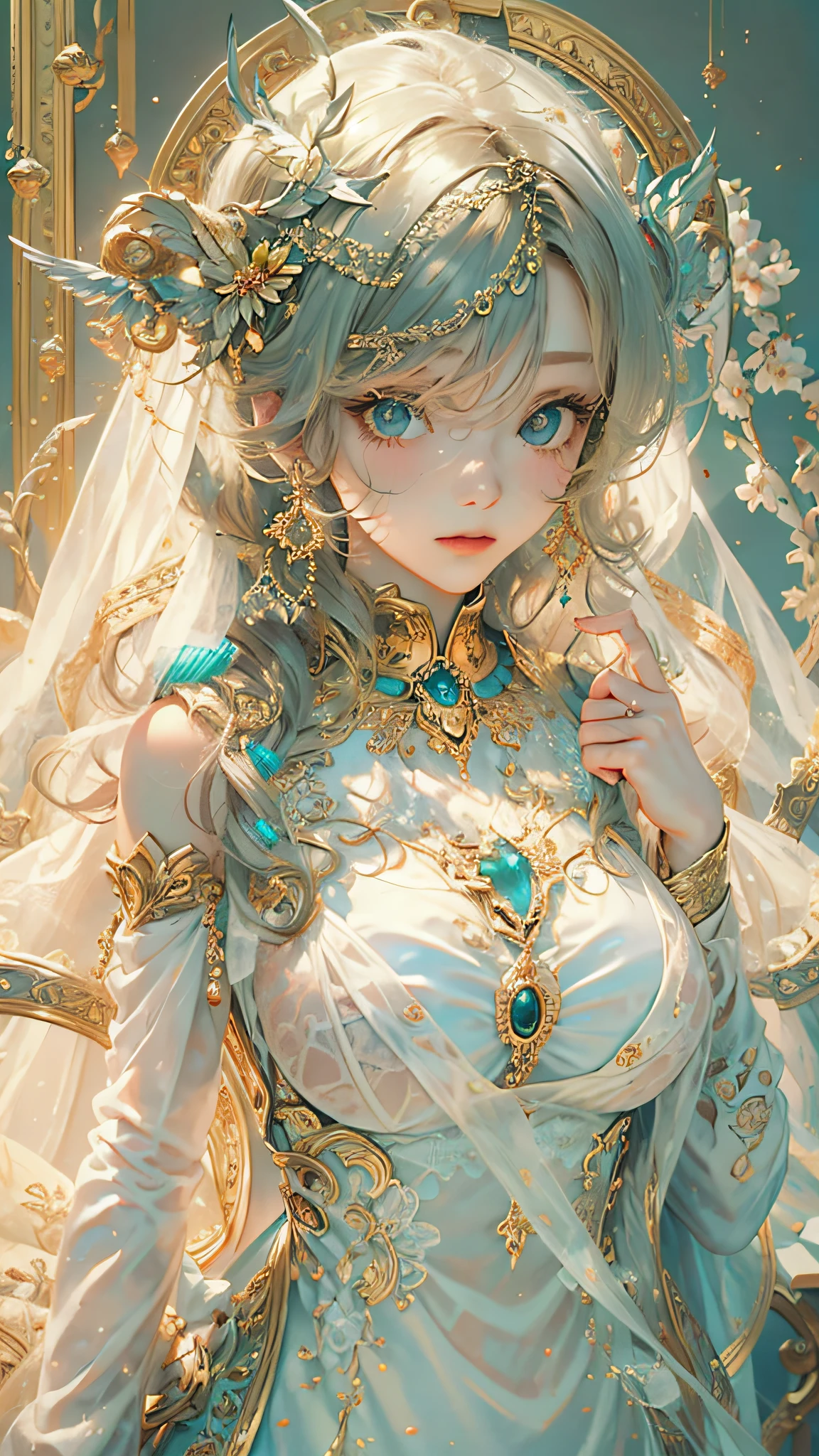 (best qualtiy), ((tmasterpiece)), 1个Giant Breast Girl,(独奏),half-body portrait, Delicate face, looking at viewert, Firm eyes, exposed bare shoulders,Exquisitehands, Um ser celestial, light particules, The halo,the ocean, Full of energy, Colorful colors, (Bio-luminescence),(Detailed composition), 电影灯光