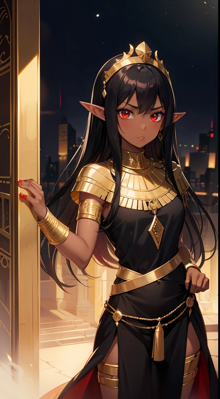 Young black girl, black skin, Long black hair, elf ears, red-eyes, Egyptian Princess, golden jewelery, anger, Masterpiece, hiquality