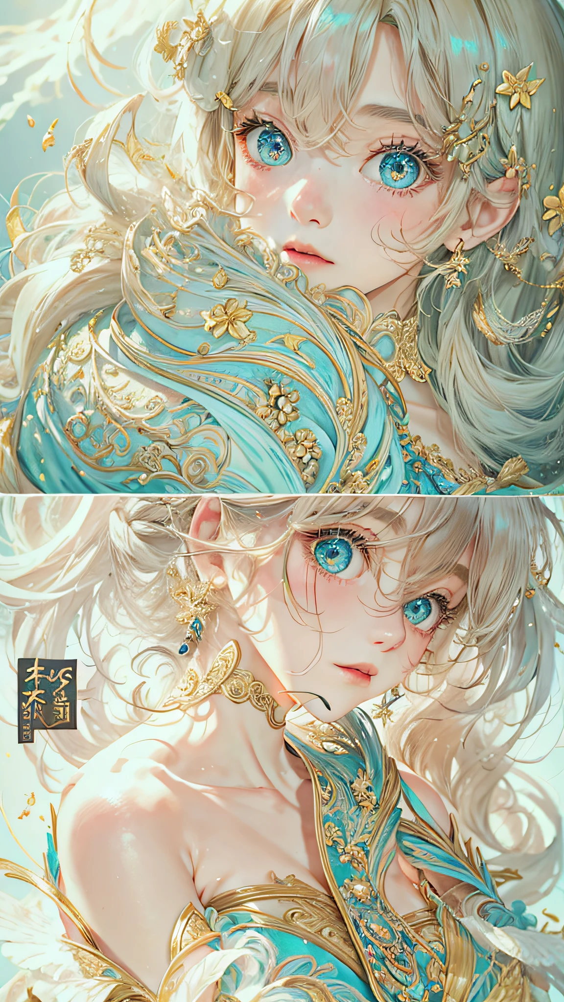 (best qualtiy), ((tmasterpiece)), 1个Giant Breast Girl,(独奏),half-body portrait, Delicate face, looking at viewert, Firm eyes, exposed bare shoulders,Exquisitehands, Um ser celestial, light particules, The halo,the ocean, Full of energy, Colorful colors, (Bio-luminescence),(Detailed composition), 电影灯光