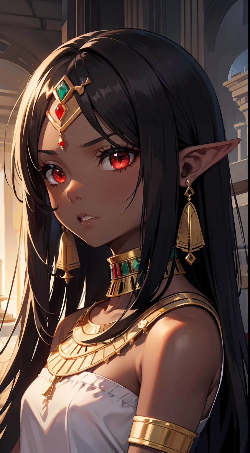 Young black girl, black skin, Long black hair, elf ears, red-eyes, Egyptian Princess, golden jewelery, anger, Masterpiece, hiquality