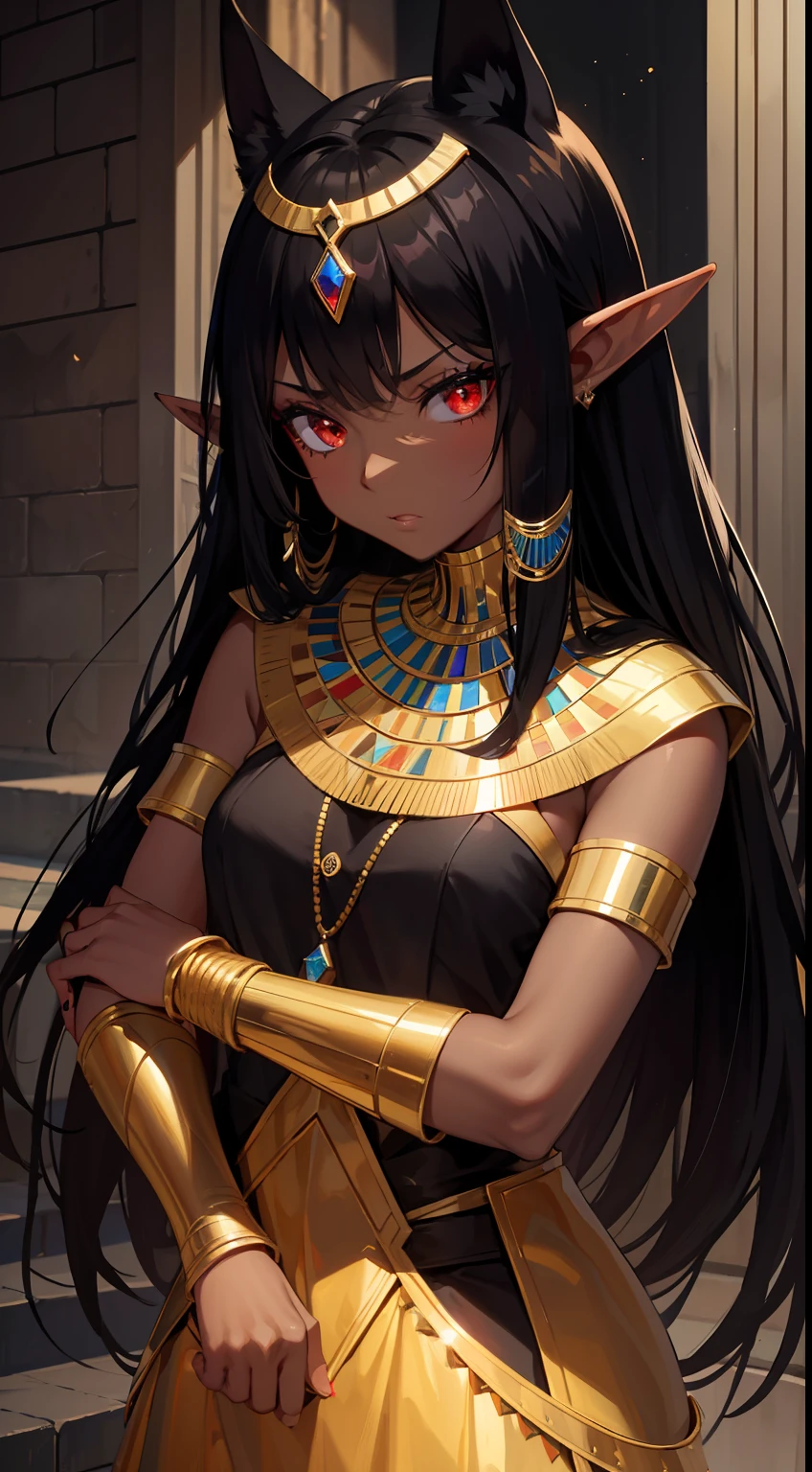 Young black girl, black skin, Long black hair, elf ears, red-eyes, Egyptian Princess, golden jewelery, anger, Masterpiece, hiquality