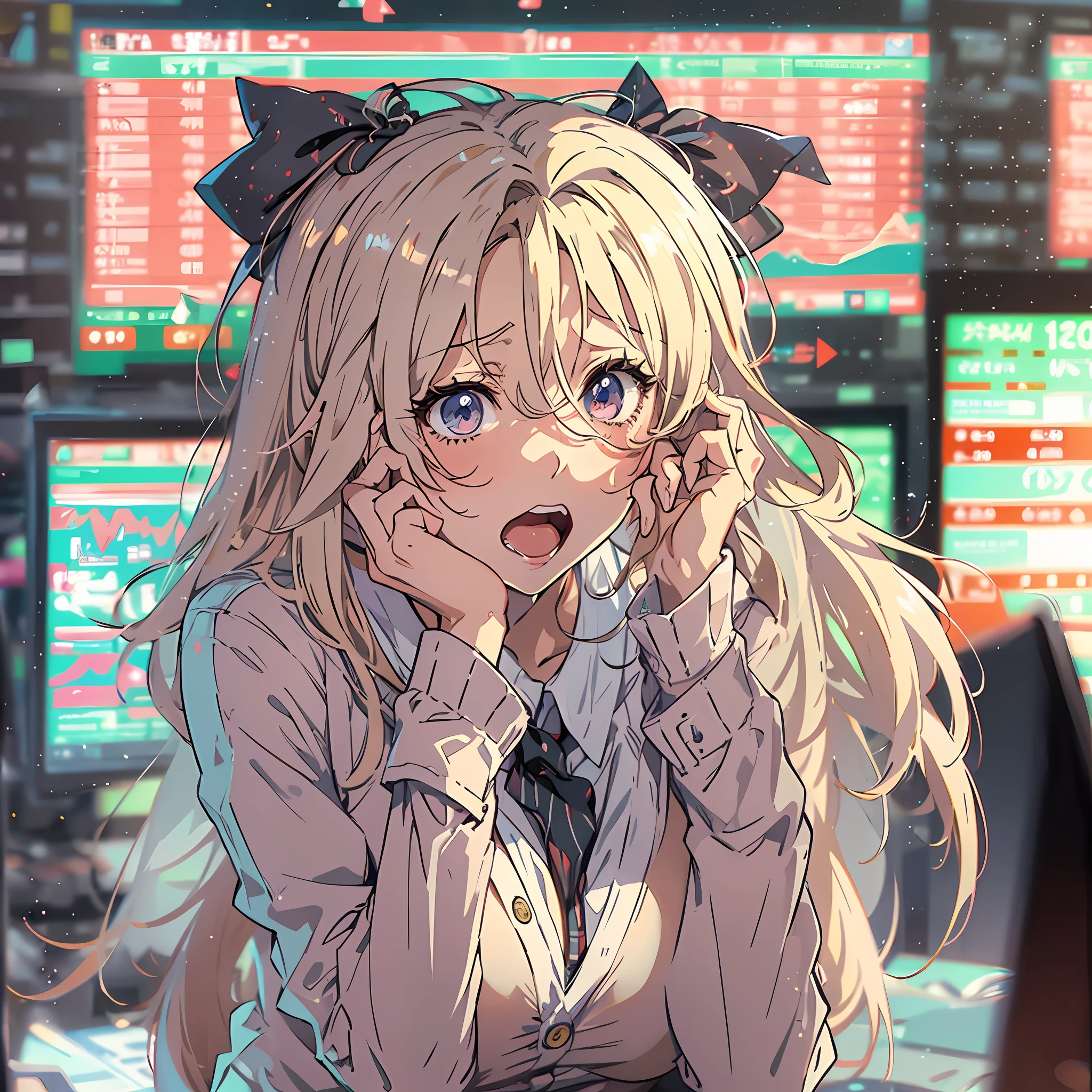 anime waifu with huge tits watching as the stock market crashes, (shocked face:1.4), (mature face:1.4)