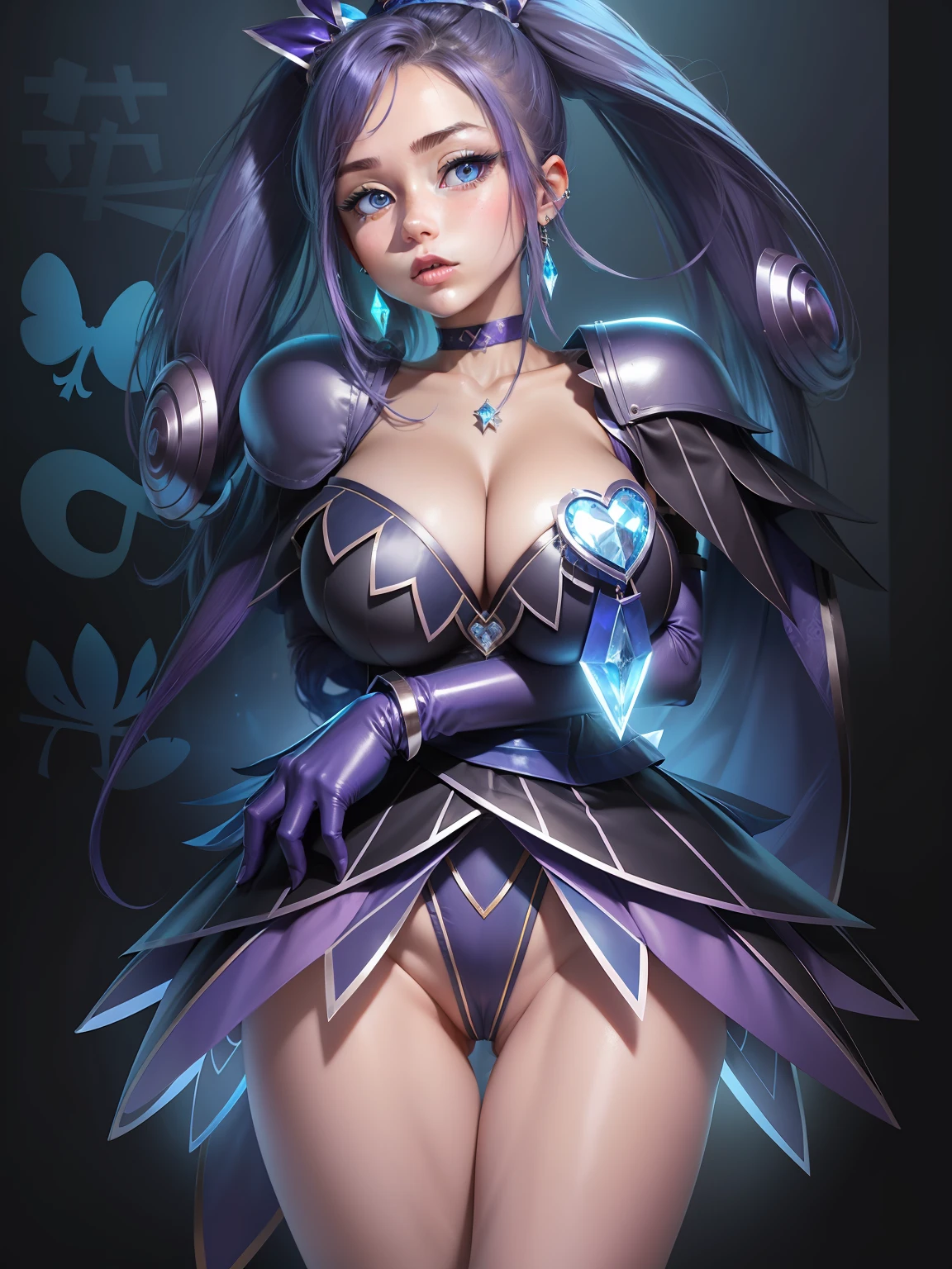 1girl, , choker, hishikawa_rikka, solo, jewelry, long_hair, magical_girl, breasts, blue_hair, purple_hair, blue_eyes, crystal_earrings, eyelashes, rating:safe, heart, bracelet, large_breasts, big_breasts, hair_ornament, skirt, adapted_costume, blue_choker, ponytail, breast_hold, cleavage, grey_background, older, half_updo, earrings, serious, rating:questionable, panties, blue_panties, huge_breasts, thigh_gap, crossed_arms, shiny_skin, ass_visible_through_thighs, thighs, standing, underwear, looking_at_viewer, shiny, leotard, blue_leotard, blue_skirt, wide_ponytail, blue_theme, tiara, diamond_(shape), alternate_breast_size, bow, ribbon
