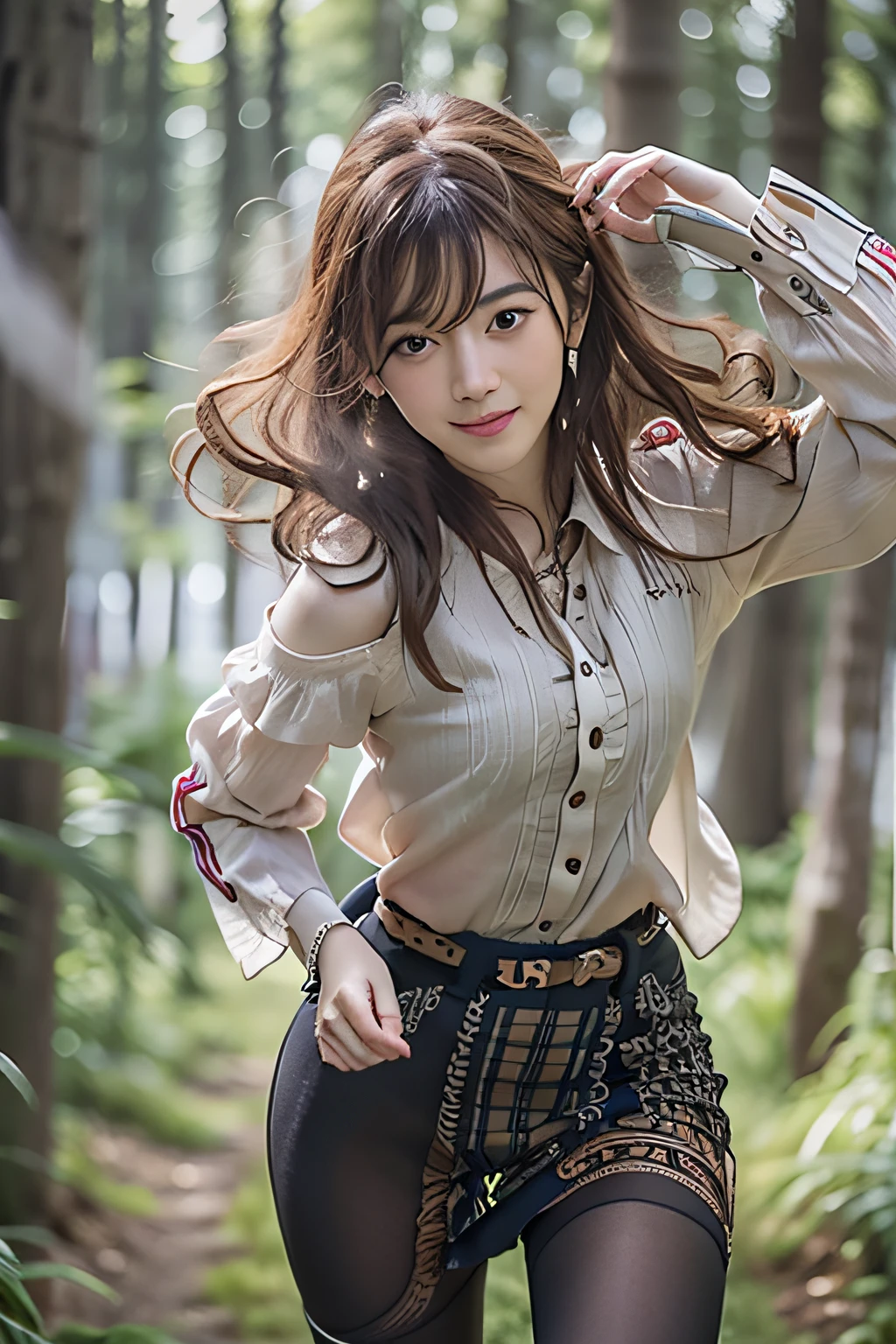 (masterpiece、top-quality), POV, 独奏, (Photorealistic woman:1.10)、Very exquisite and beautiful girl、1girl in, Clean face、Thin face、 A smile, Running, dynamicposes, Look at viewers, cabelos preto e longos, XP Hair Ornament, ,thighs thighs thighs thighs, Skindentation, Background in the forest,Blur background、