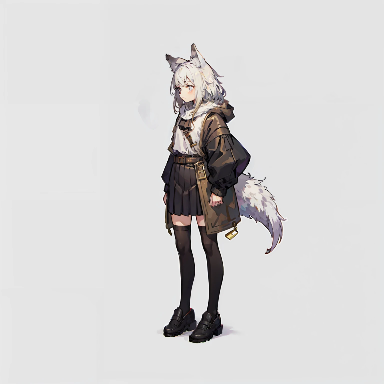 Full body shot, No background, White background, tiny girl, Wolf, looks lonely