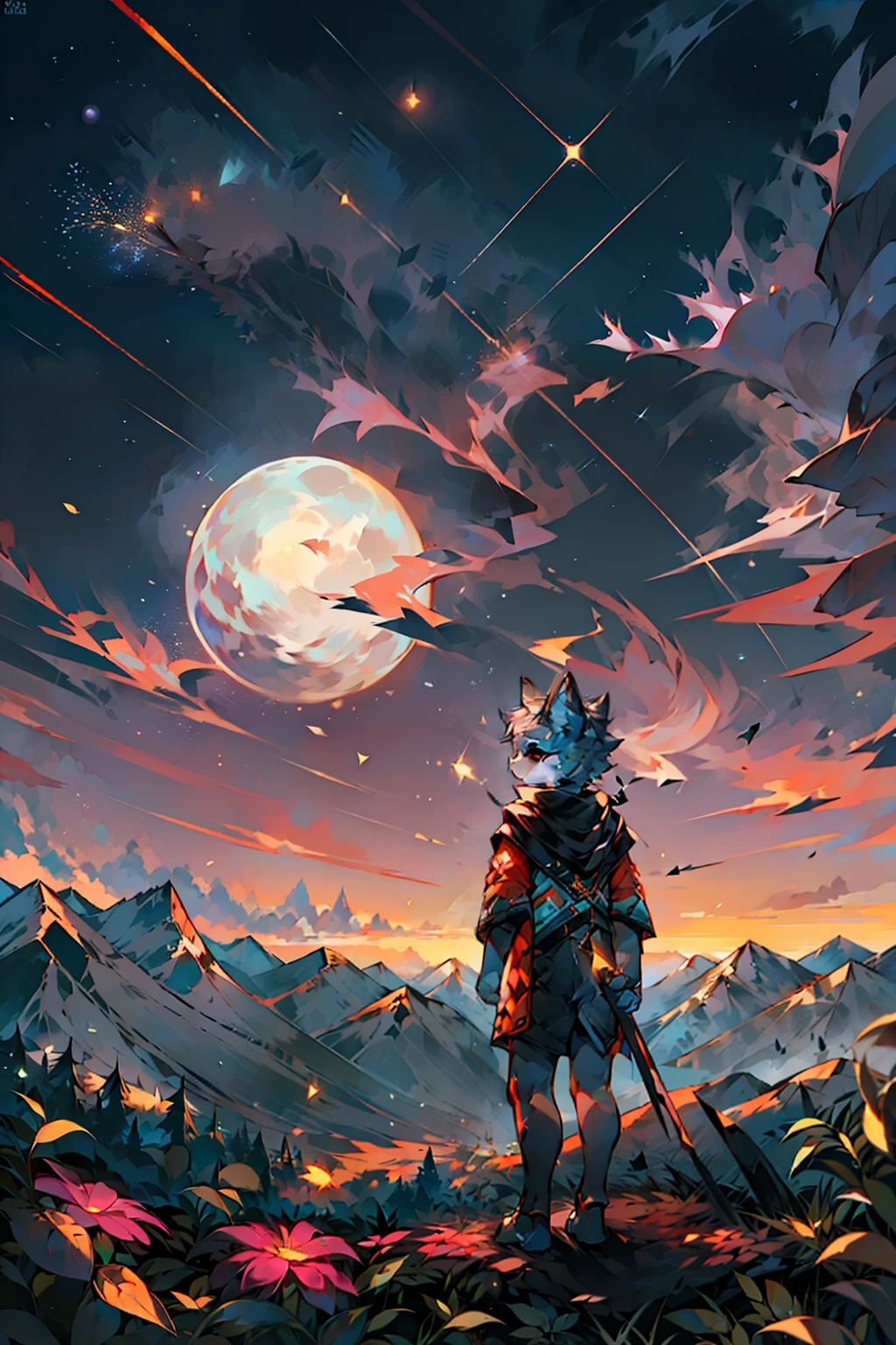 Expansive landscape photograph, (view from below with a view of the sky and wilderness below), little girl standing in a flower field looking up, (full moon: 1.2), (shooting star: 0.9), (nebula: 1.3), distant mountain, tree break production art, (warm light source: 1.2), (firefly: 1.2), lamp, purple and orange, intricate detail, volume lighting, realism break (masterpiece: 1.2) (Best Quality), 4K, Ultra-Detailed, (Dynamic Configuration: 1.4), Highly Detailed and Colorful Details, (Iridescent Colors: 1.2), (Glowing Lighting, Atmospheric Lighting), Dreamy, Magical, (Solo: 1.2)