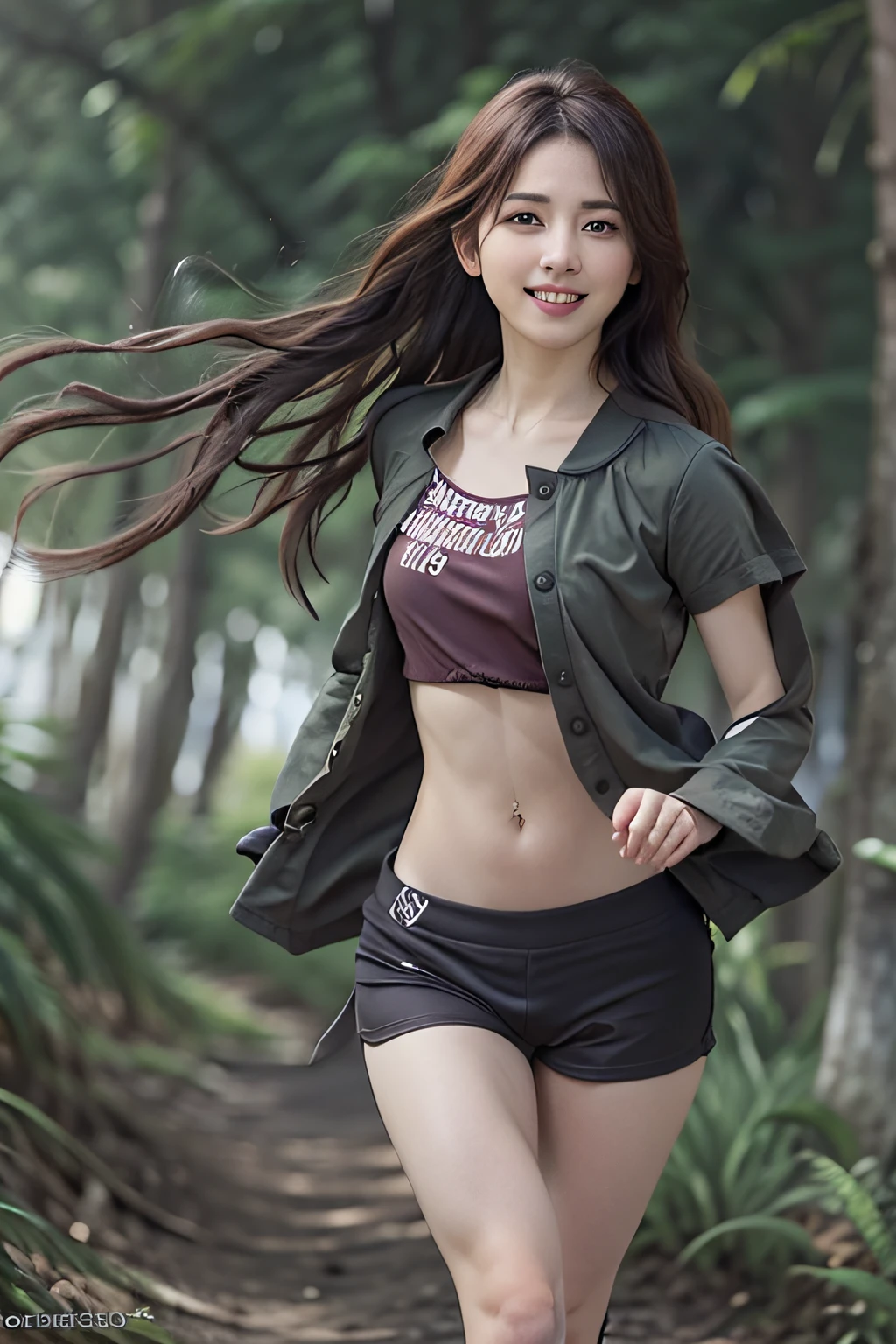 (masterpiece、top-quality), POV, 独奏, (Photorealistic woman:1.10)、Very exquisite and beautiful girl、1girl in, Clean face、Thin face、 A smile, Running, dynamicposes, Look at viewers, cabelos preto e longos, XP Hair Ornament, ,thighs thighs thighs thighs, Skindentation, Background in the forest,Blur background、