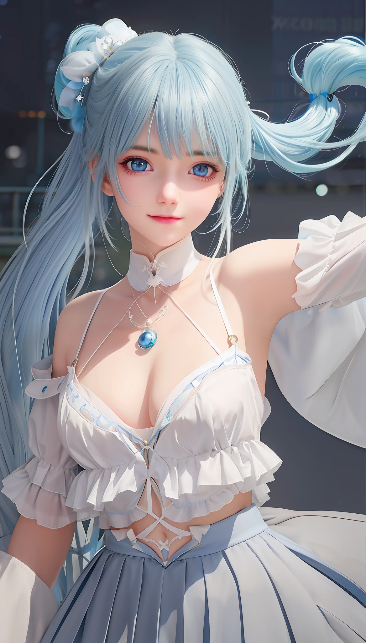 blue hair,bit girl,Little beauty,Light blue eyes,white clothes,offcial art,Unity 8k wallpaper,ultra - detailed,Aesthetics,tmasterpiece,best qualtiy,realisticlying,Best quality,tmasterpiece,A high resolution,CG,illuminating,Frankness,photore,A high resolution,4K,8K,Bokeh