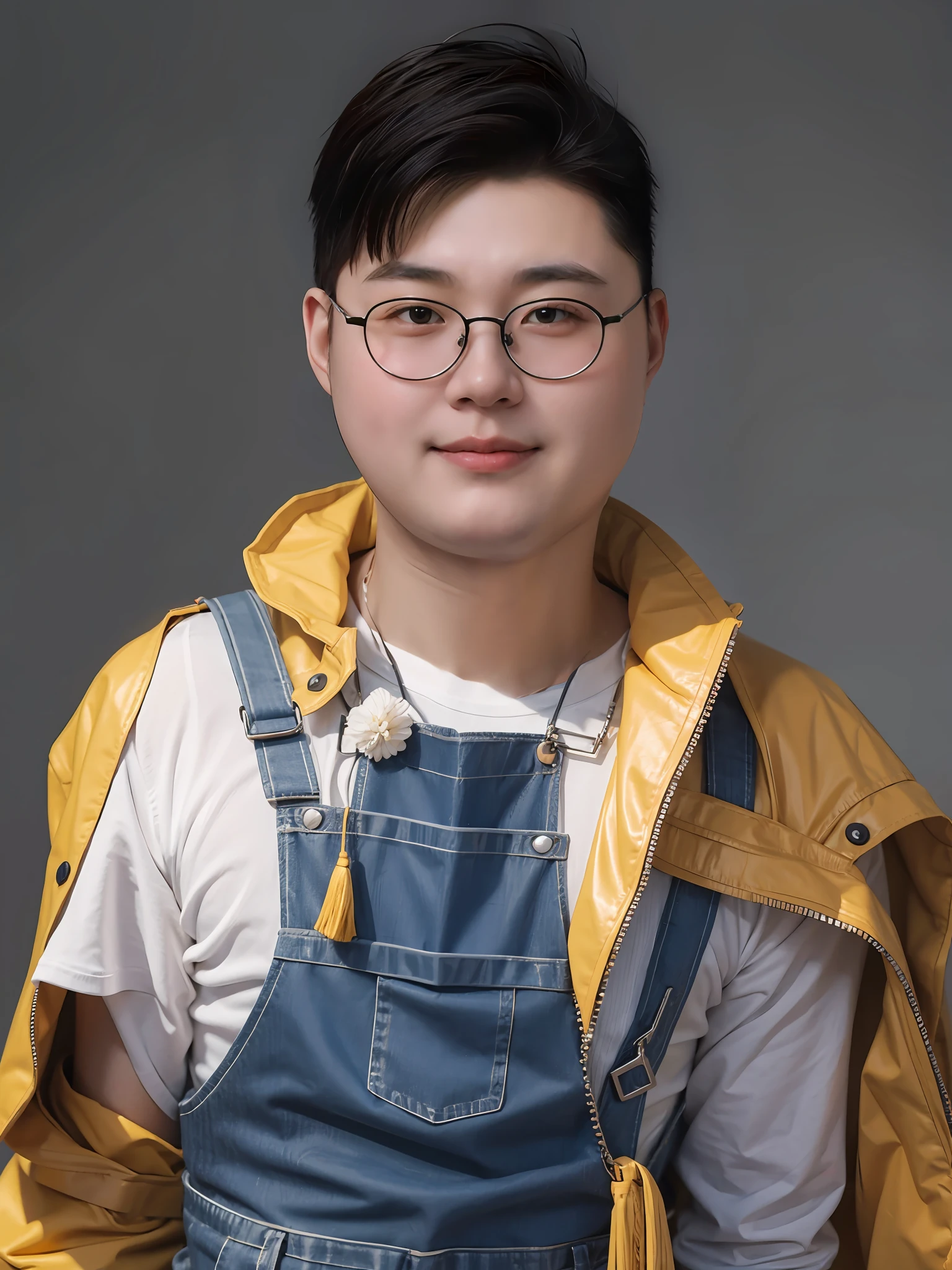 A Chinese male high school student,Wear PVC fashion overalls