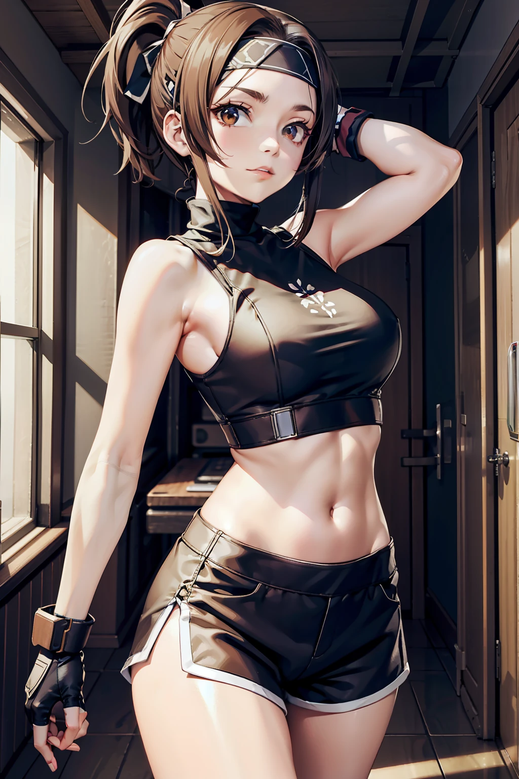 (masutepiece, 8K,Very detailed),1girl in,head band, navel, Sleeveless, high-necked, Brown eyes, sleeveless turtleneck, Breasts, mitts, croptop, Shorts,, Armor, Open jacket，Headband exercise，Medium-sized chest Fingerless gloves,  Medium breasts, Dynamic Angle，Minor abs，Inside the monitoring room，In the hallway，The light is dim，Surreal graphics