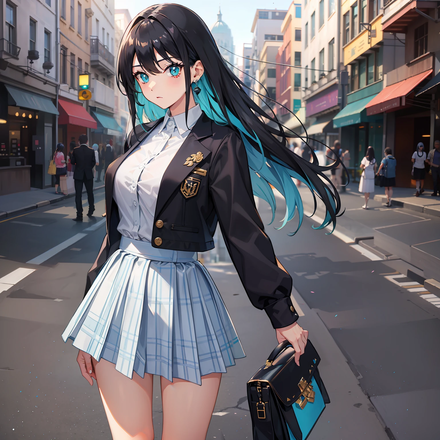 white  skirt，Cyan plaid skirt,cabelos preto e longos，Black pupils