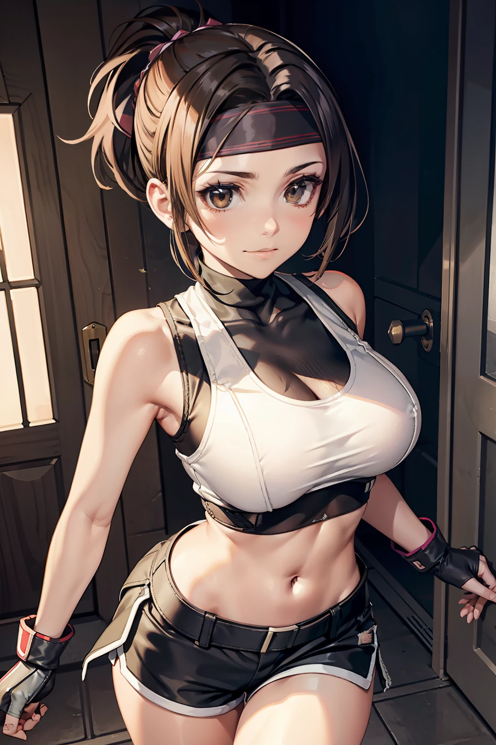 (masutepiece, 8K,Very detailed),1girl in,head band, navel, Sleeveless, high-necked, Brown eyes, sleeveless turtleneck, Breasts, mitts, croptop, Shorts,, Armor, Open jacket，Headband exercise，Medium-sized chest Fingerless gloves,  Medium breasts, Dynamic Angle，Minor abs，Inside the monitoring room，In the hallway，The light is dim，Surreal graphics