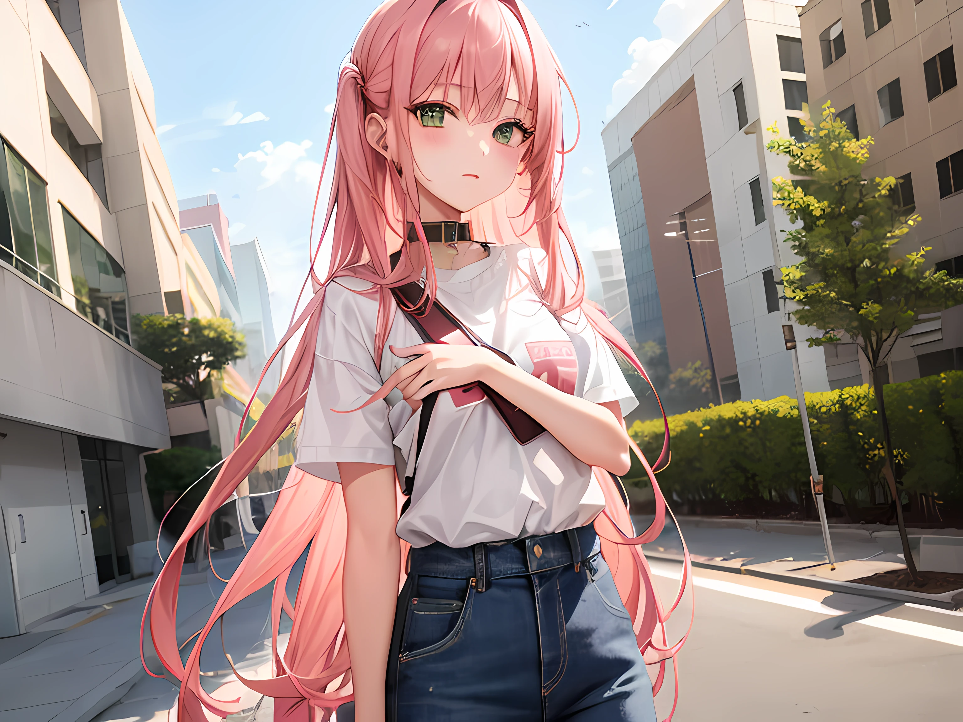 1girl, long pink hair, green eyes, wearing doctor outfit, denim pants, Zero Two, hospital;, absurdres, high res, ultrasharp, 8K, masterpiece, looking at viewer