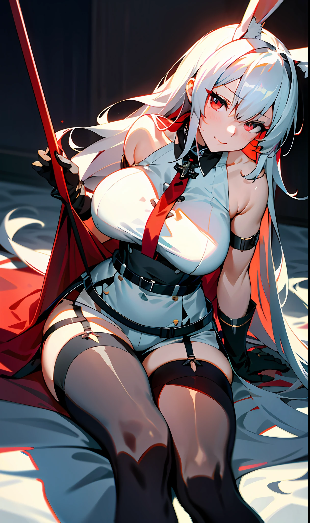 azur lane style, Kantai collection style, [4K digital art]!!，Best anime 4k konachan wallpaper,one-girl，White color blouse，tiese，Black super shorts，Black upper body chest strap, Fixed gun belt，Strangle，leg loops，Black stockings，black military boots，Red pupils，Glowing pupils，Exquisite facial features，long leges，Elaborate Eyes，Disdainful eyes，A disdainful smile，Gloomy environment，voluptuous figure，big breasts thin waist，Tall guy，Slender Muscular，The right proportions，抖S，Royal Sister，full body shot shot，Be red in the face，White skin，Long white hair，Red pick dye，Only a pair of rabbit ears，just two legs，Narrowing of the skin，Strangulation，mitts，Black clothing，Foot shot，Seductive action，inside in room，sit on chair，Leaning on the backrest，Embrace your hands，Look down，Positive perspective，Show feet，Erlang legs，blackstockings，blackstockings，blackstockings