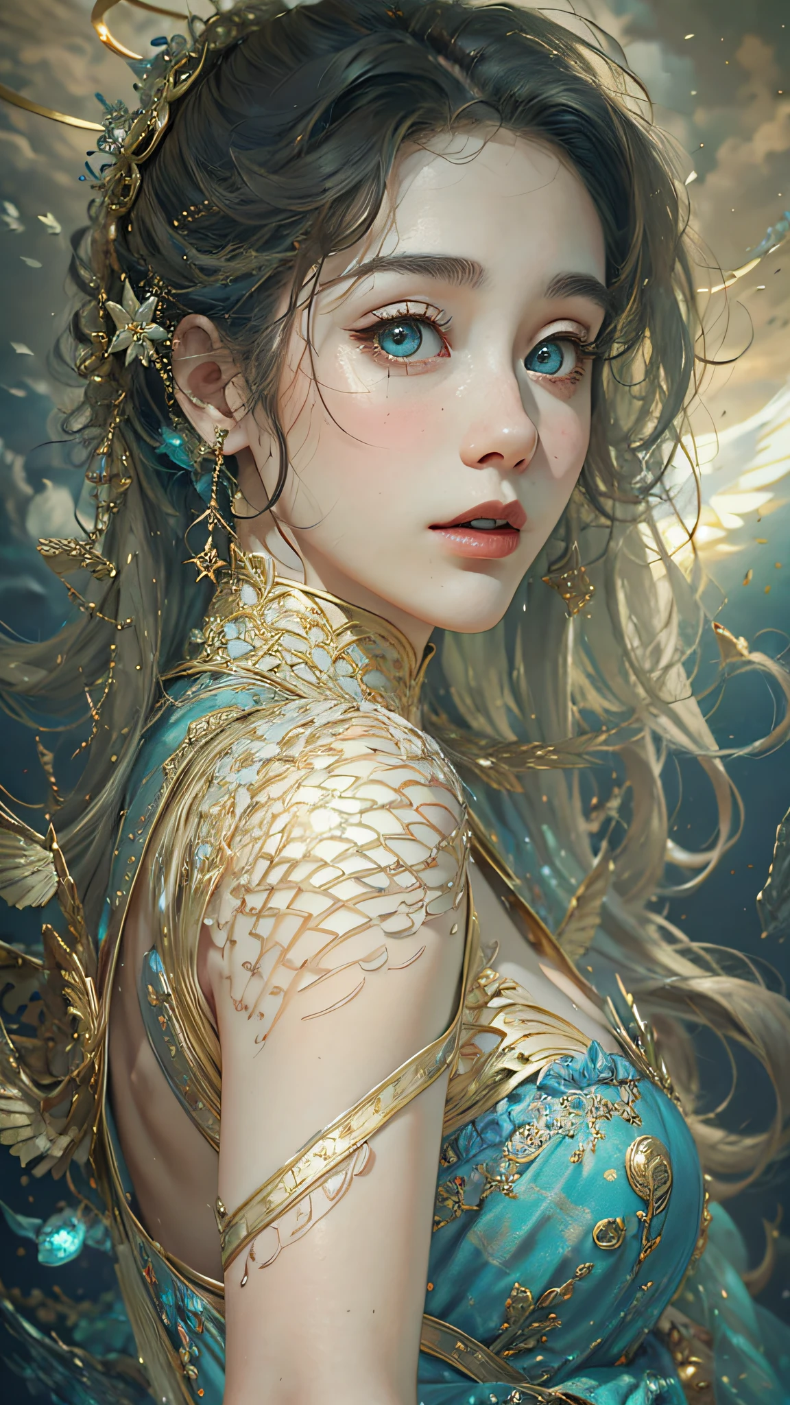(best qualtiy), ((tmasterpiece)), 1个Giant Breast Girl,(独奏),half-body portrait, Delicate face, looking at viewert, Firm eyes, exposed bare shoulders,Exquisitehands, Um ser celestial, light particules, The halo,the ocean, Full of energy, Colorful colors, (Bio-luminescence),(Detailed composition), 电影灯光
