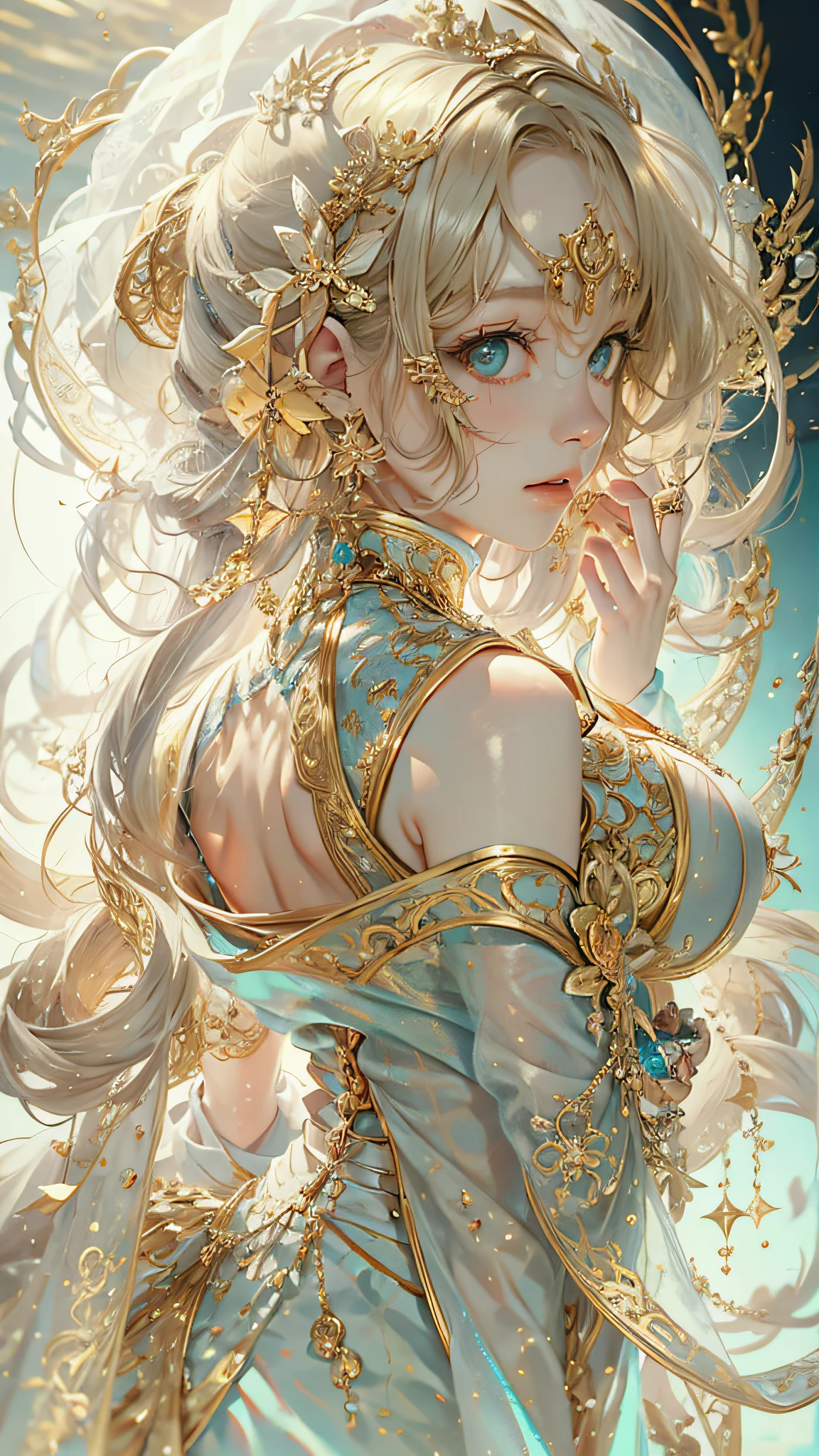 (best qualtiy), ((tmasterpiece)), 1个Giant Breast Girl,(独奏),half-body portrait, Delicate face, looking at viewert, Firm eyes, exposed bare shoulders,Exquisitehands, Um ser celestial, light particules, The halo,the ocean, Full of energy, Colorful colors, (Bio-luminescence),(Detailed composition), 电影灯光