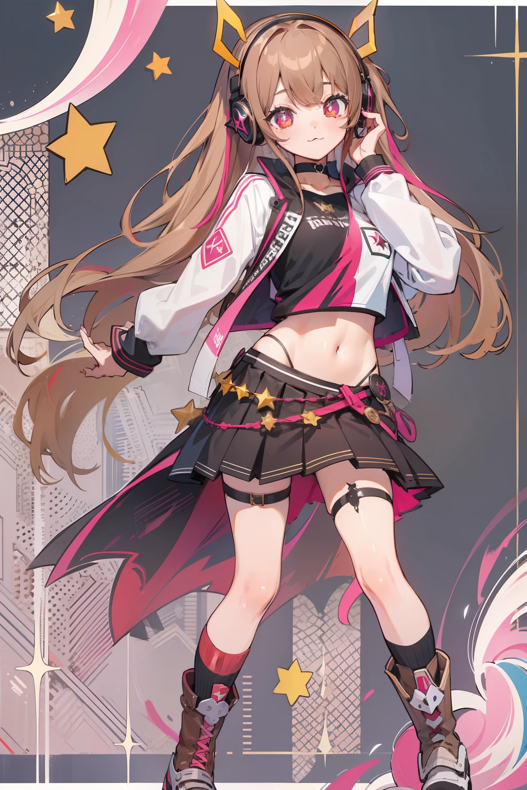 ((Masterpiece, highest quality)), full body, detailed face, full of details, highly detailed, depth, 1girl, girl in a skirt and headphones, :3, long hair, bangs, multicolored hair, two-tone hair, gradient hair, brown hair, brown hair with pink tips, [[[[[[[[[pink hair]]]]]]]]], black crop top, red skirt, pleated skirt, stockings, leg warmers, black choker, red eyes, star (symbol),star-shaped pupils