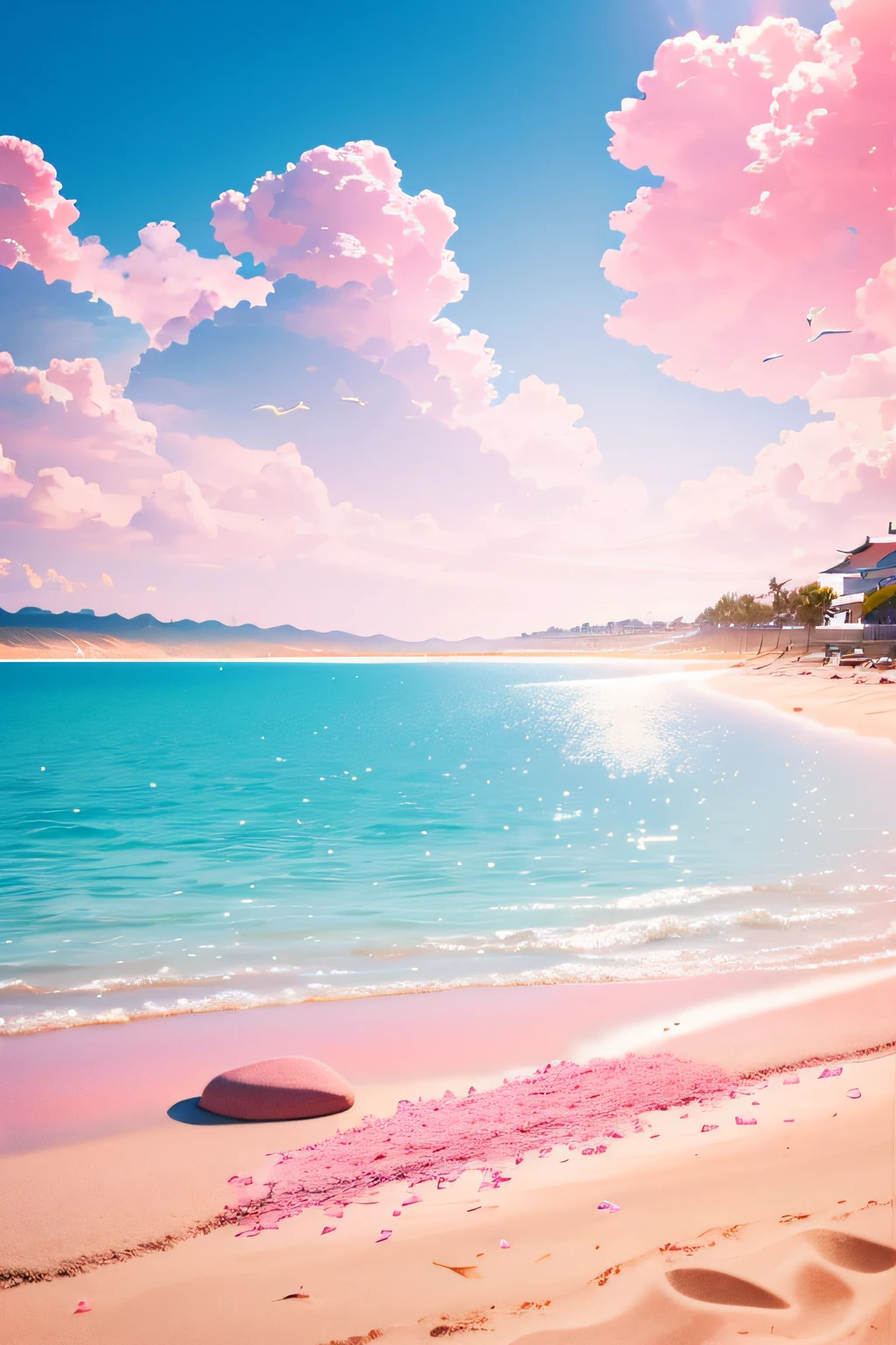 Exquisite scenes,depth of fields,8K,Cloudless,Blue sky,The sun shines on the pink sand。There are roses on the beach,Goose warming stone