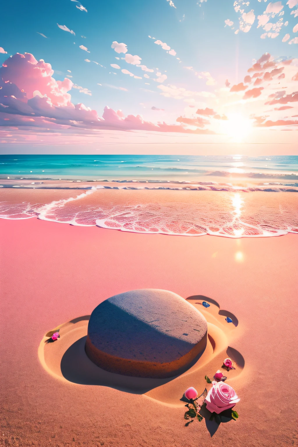 Exquisite scenes,depth of fields,8K,Cloudless,Blue sky,The sun shines on the pink sand。There are roses on the beach,Goose warming stone