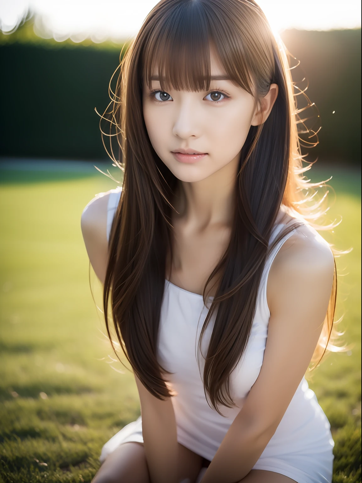 （1girll:1.0），(8K, Best quality, tmasterpiece),ultra - detailed, adolable, 独奏, cute Japan woman,brown  hair,By bangs, long whitr hair, pony tails,Beautiful and delicate eyes,Eyes speak， Moisturizes skin，protrusions，dynamicposes，protrusions，Squat，，profesional lighting，photon maping，Radio City，physically-based renderingt，cinmatic lighting，Athletics field,depth of fields,Clear focus,rays of sunshine,well-composed,(Bokeh:1.2) ，(full bodyesbian),(Keep your mouth shut),美丽细致的眼睛,lewd poses,a narrow waist,Brownish-yellow hair，messy  hair,Long hair flutters in the wind，