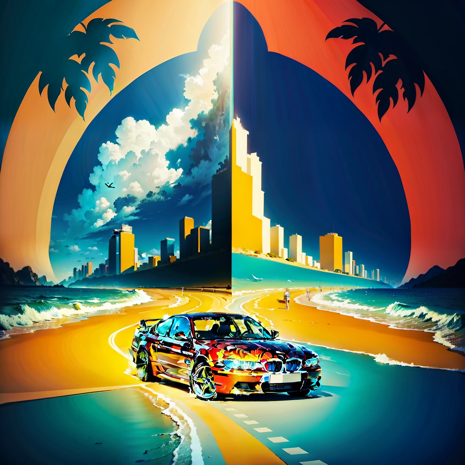 A travel poster, vector, vibrant of modern BMW on a beautiful beach, tropicalabstractbackground,ar 2:3