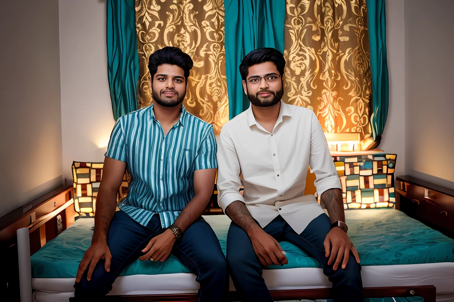 they are sitting on a bed together in a room, two buddies sitting in a room, ghutra and egal, shot on sony a 7 iii, jayison devadas, taken with sony alpha 9, taken with canon 8 0 d, two young men, taken with canon eos 5 d mark iv, accurate depiction, shot on canon eos r 5, handsome boys