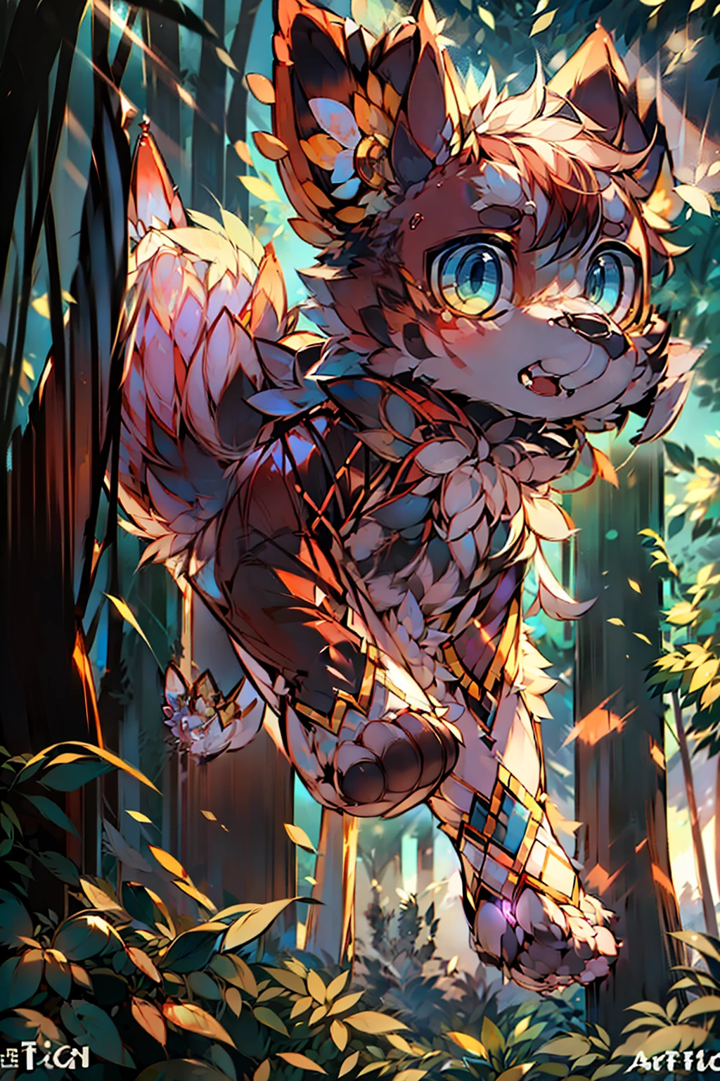 close up photo of a very cute jumping puppy in the forest, soft volumetric lights, (backlit:1.3), (cinematic:1.2), intricate details, (ArtStation:1.3), Rutkowski