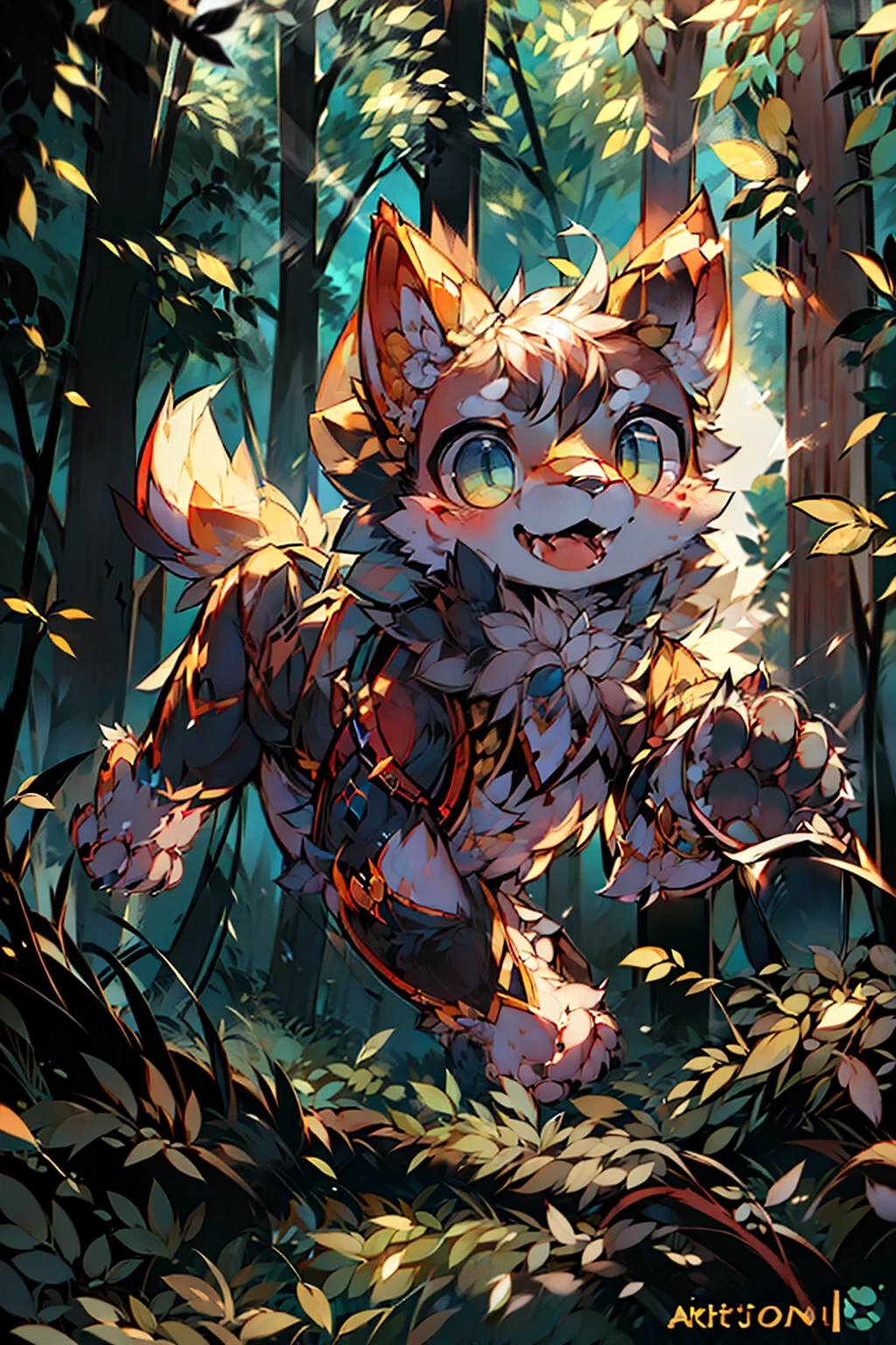 close up photo of a very cute jumping puppy in the forest, soft volumetric lights, (backlit:1.3), (cinematic:1.2), intricate details, (ArtStation:1.3), Rutkowski