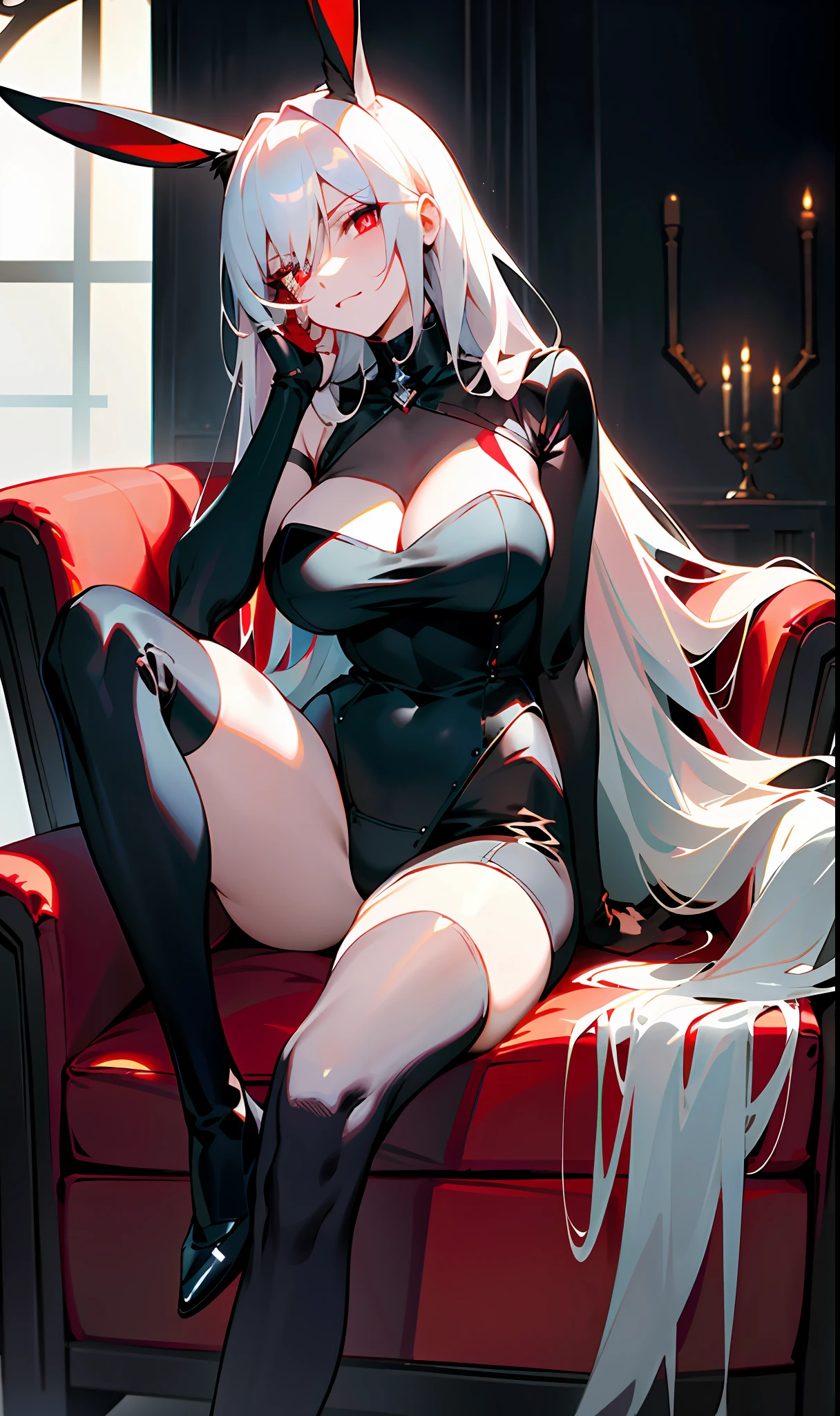 ((Masterpiece, best qualtiy)),exquisitedetails,Fine background,Delicate light,Ray traching,Perfect texture,one-girl,White shirt,Black super shorts,Black chest strap on upper body,Strangle,leg loops,Black stockings,black military boots,wearing chest straps,Red pupils,Glowing pupils,Exquisite facial features,long leges,Elaborate Eyes,Disdainful eyes,evilsmile,Gloomy environment,voluptuous figure,Big breasts and thin waist,Tall guy,Slender Muscular,the right proportions,抖S,Royal Sister,full body shot shot,Be red in the face,White skin,Long white hair,Red pick dye,Only a pair of rabbit ears,just two legs,Narrowing of the skin,Strangulation,mitts,Black clothing,Foot shot,Seductive action,inside in room,sit on chair,Leaning on the backrest,Hold your hands to your chest,Look up,Positive perspective,Show the legs,Show feet