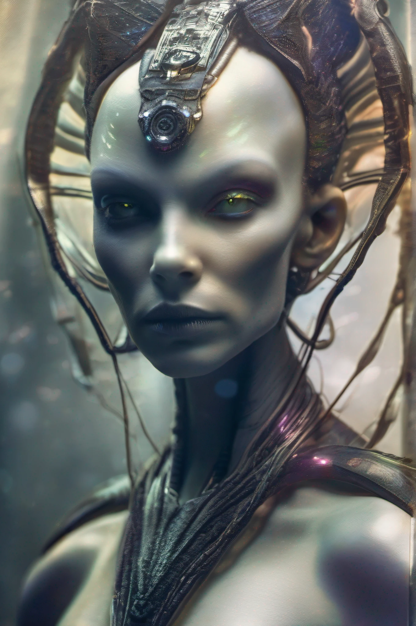 Ghostly portrait of a futuristic alien from another dimension creator of the universe with powerful ancient magic from an unknown dimension