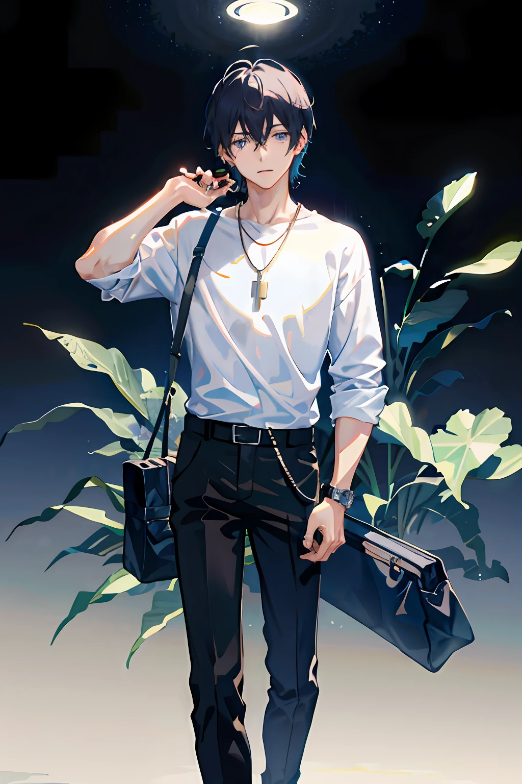 1boy, apple, bag, bangs, berry, black hair, black shirt, blue eyes, hair between eyes, jewelry, leaf, looking at viewer, male focus, necklace, pants, shirt, solo, watch, white pants, wristwatch, messy hair, trending on artstation, 8k resolution, highly detailed, anatomically correct, sharp image, digital painting, concept art, trending on pixiv, style of makoto shinkai,