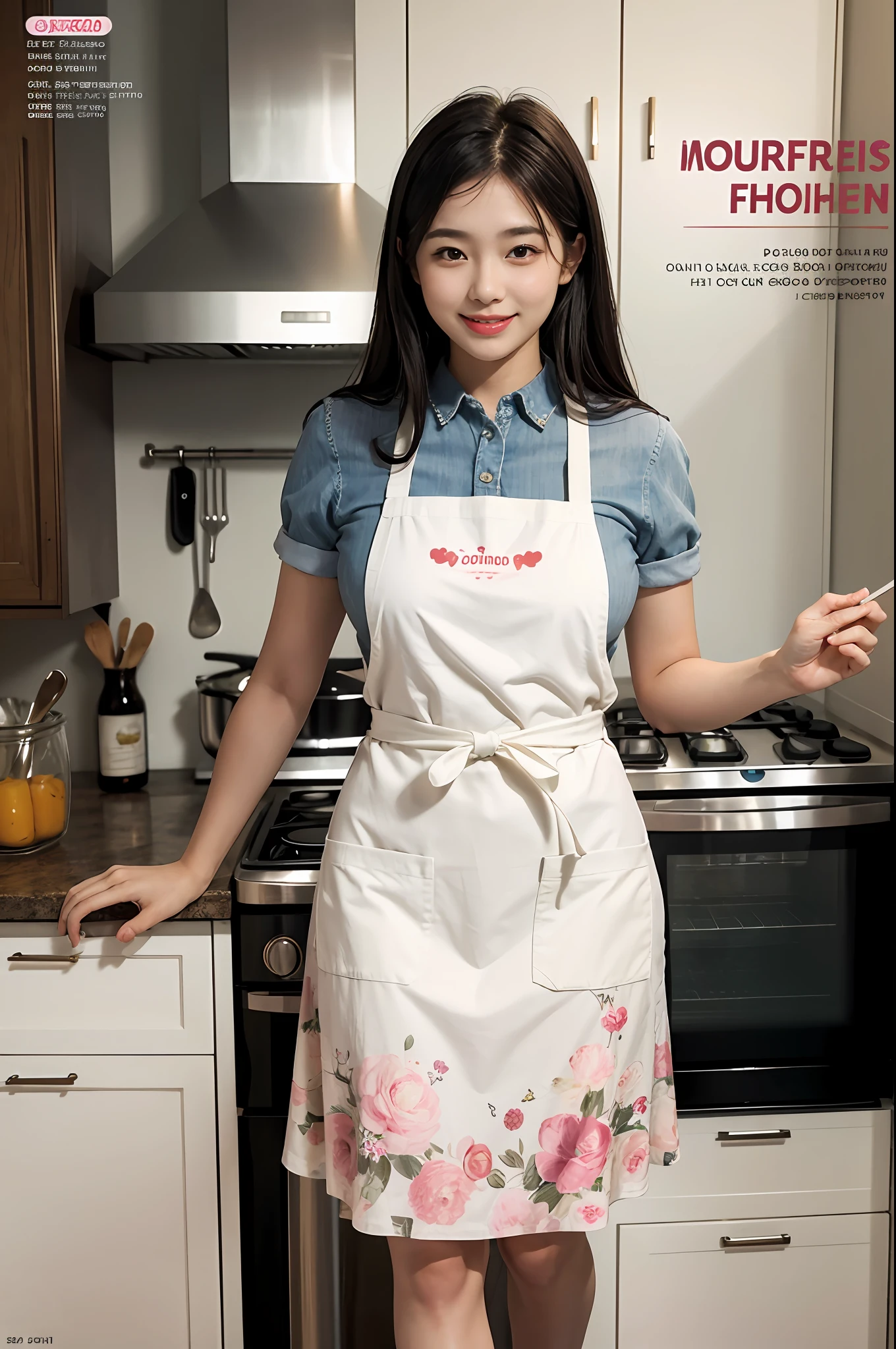 (Best Quality, Masterpiece), Women's Cooking Magazine Cover, 1girl, 20 years old, stunning, cute, warm smile, hourglass figure, floral dress, apron, food, text, chart, advertising, magazine title