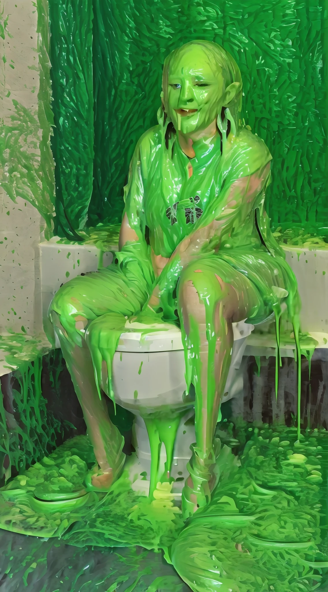 there is a woman sitting on a toilet covered in green paint, covered in slime!!, green slime dripping, wet and slimy, full of greenish liquid, dripping goo, green slime everywhere, character is covered in liquid, splattered goo, slimy and hot, dripping skin, oozing slime, green slime, toxic slime, bubbling ooze covered serious