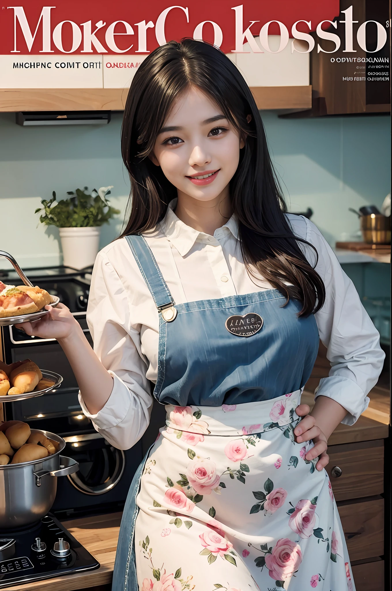 (Best Quality, Masterpiece), Women's Cooking Magazine Cover, 1girl, 20 years old, stunning, cute, warm smile, hourglass figure, floral dress, apron, food, text, chart, advertising, magazine title