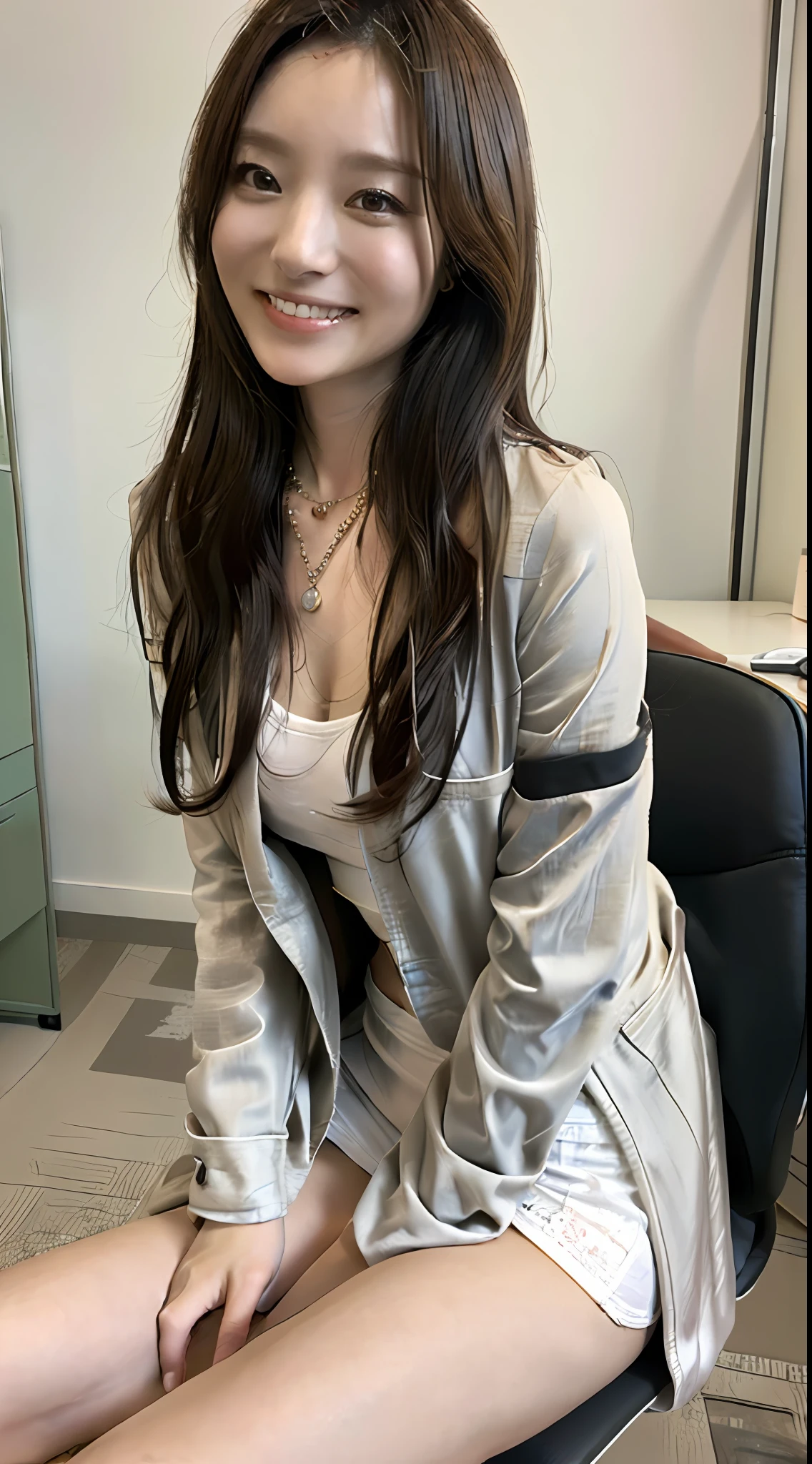 ((top-quality、8K、masterpiece:1.3))、((1womanl))、((A Japanese Lady))、((A MILF))、((45 yers old))、((slim figure))、((Female Ophthalmologist))、((Detailed eye examination room))、((Office Desk))、((Detailed office chair))、((Sitting on an office chair))、((beautifully detailed hair))、((Float NovaFrogStyle))、((Black hair Long hair))、((Extraordinary beauty))、((Beautiful and ultra-detailed face))、((Smiling kindly))、((Detailed lab coat))、((Beautiful and detailed scruff))、((Detailed necklace))、((Beautiful and detailed hands))、((Detailed long skirt))、(( Pulling up a skirt))、((Beautiful and dense inner thighs))、((Luxurious and detailed white panties))、((Detailed beautiful legs))、