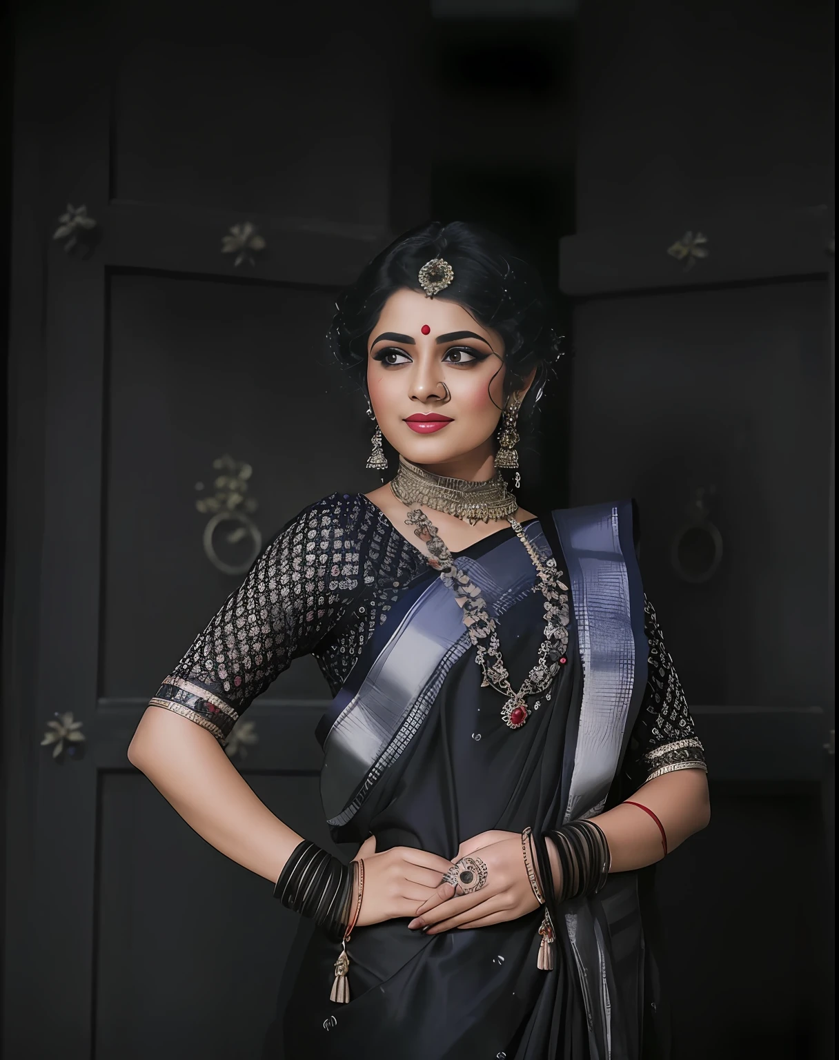 a woman in a red and yellow sari poses for a picture, traditional beauty, traditional, traditional female hairstyles, very beautiful enga style, traditional makeup, with lovely look, indian, indian style, dressed in a sari, wearing sari, adorned with precious stones, colorful with red hues, wearing a sari, gorgeous woman, dramatic smile pose intricate, traditional art, wearing elegant jewellery