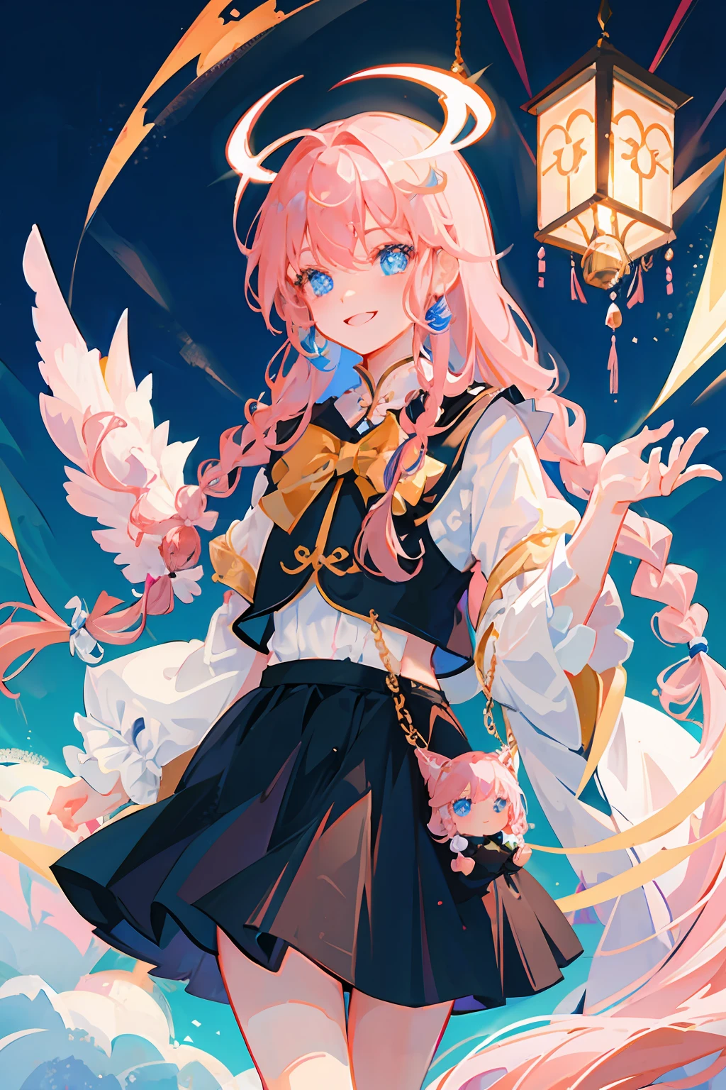 {{best quality}}, {{masterpiece}}, {{super detailed}}, {illustrated}, {detailed lighting}, long pink hair, blue eyes, double braids, lolita, skirt hanging, awesome, loli, solo, angel girl, sly smile, chinese costume