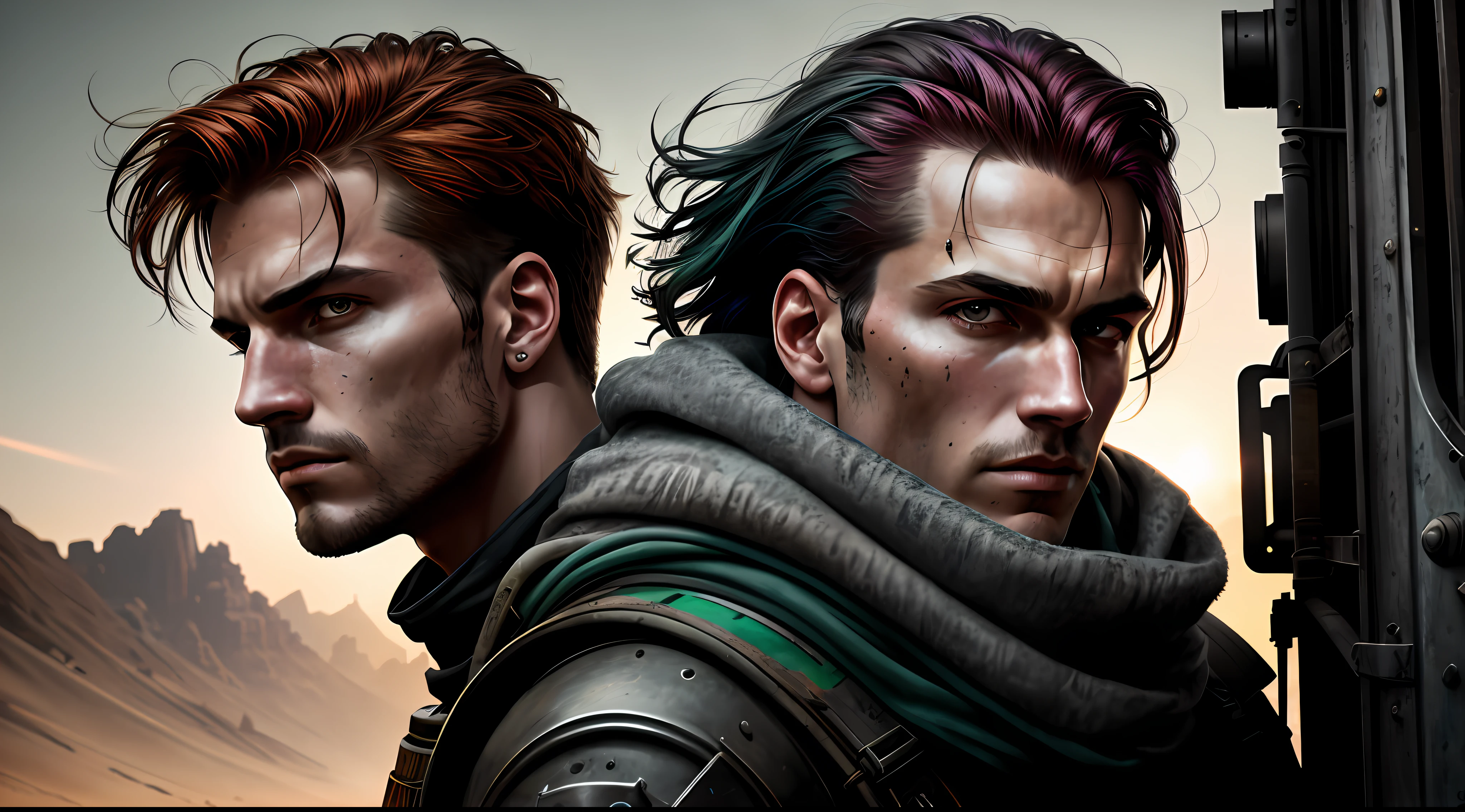 (dark shot:1.1),Wasteland breath,epic realistic,Beautiful portraits,madmax,red tinted hair,Smooth abs,with a well-proportioned body,Gray scarf,Gatling gun,Desert background,Gradient silver、 blue colors、Gray and green color scheme,grunge aesthetic!!!graffiti tag wall background,Artwork by Greg Rukowski and Artgerm,Soft cinematic light,adobe lightroom,photolab,hdr,iintricate,The is very detailed,(depth of fields:1.4),faded,(com cores neutras:1.2),(hdr:1.4) ,(pastel colour:1.2),ultra - detailed,(artstation:1.4),cinematic ligh,warm lights,Dramatic light,(Complicated details:1.1),the complex background,(rutkowski:0.66),(silverand orange:0.4)
