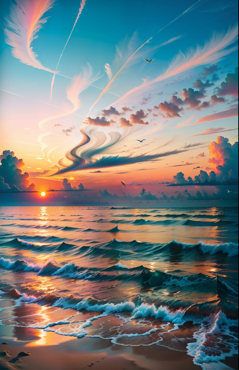 An absolutely mesmerizing sunset over the beach, with a blend of oranges, pinks, and yellows filling the sky. Crystal-clear waters of the sea gently kissing the shore, with sandy white beach stretching far and wide. The scene is dynamic and breathtaking, with seagulls soaring high in the sky and gently swaying palm trees. Take in the calming atmosphere and let the peacefulness wash over you.