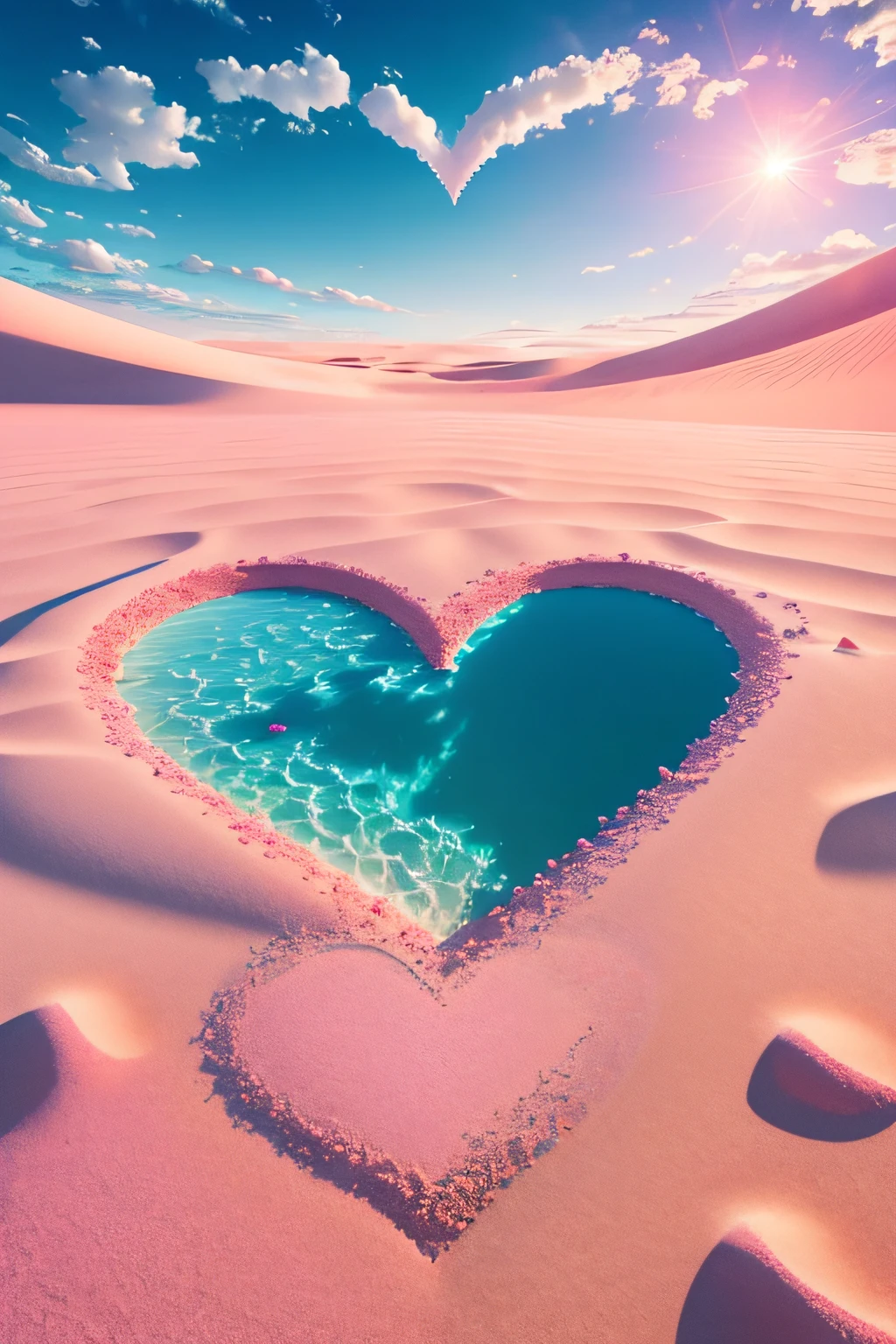 Exquisite scenes,depth of fields,8K,Cloudless,Blue sky,The sun shines on the pink sand。The shape of a heart surrounded by roses