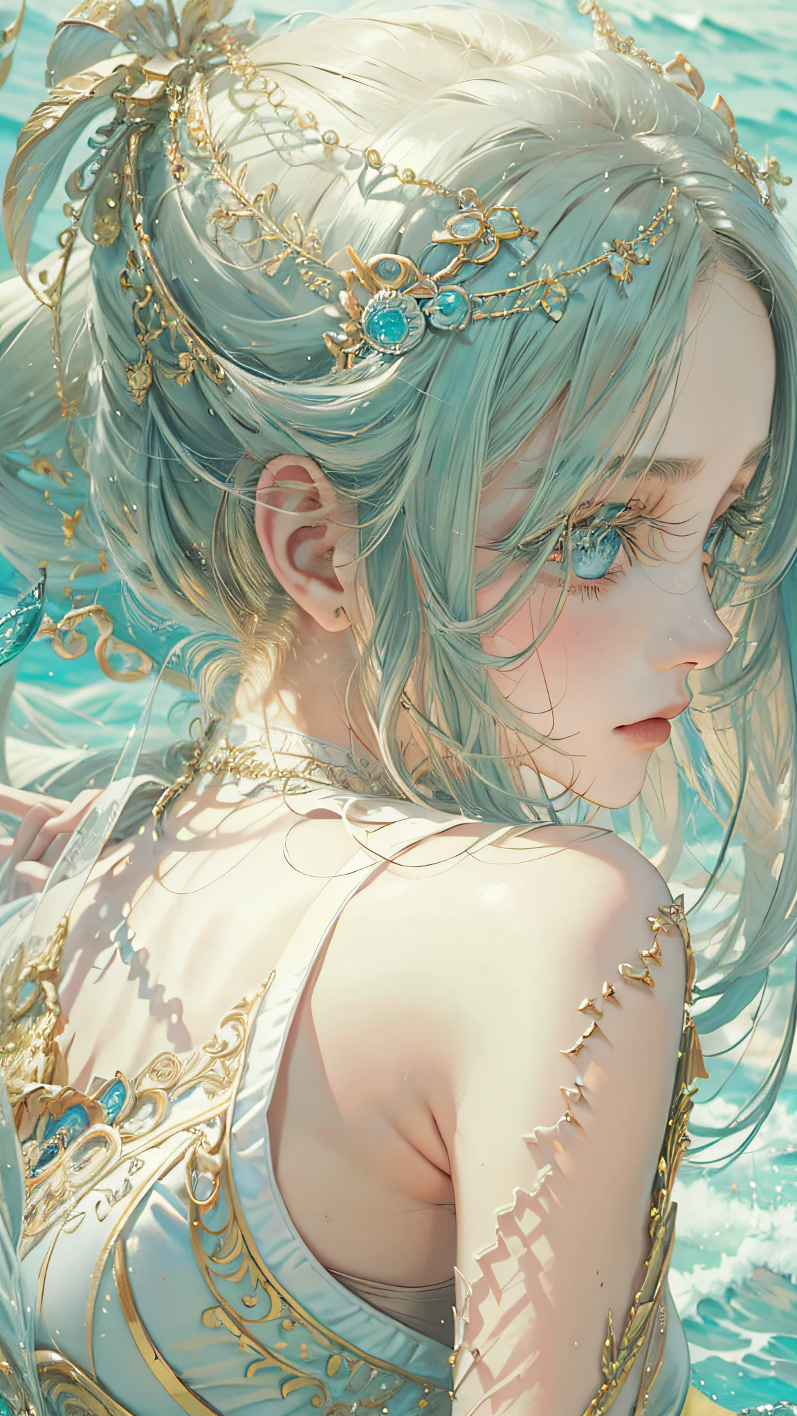 (best qualtiy), ((tmasterpiece)), 1个Giant Breast Girl,(独奏),half-body portrait, Delicate face, looking at viewert, Firm eyes, exposed bare shoulders,Exquisitehands, Um ser celestial, light particules, The halo,the ocean, Full of energy, Colorful colors, (Bio-luminescence),(Detailed composition), 电影灯光