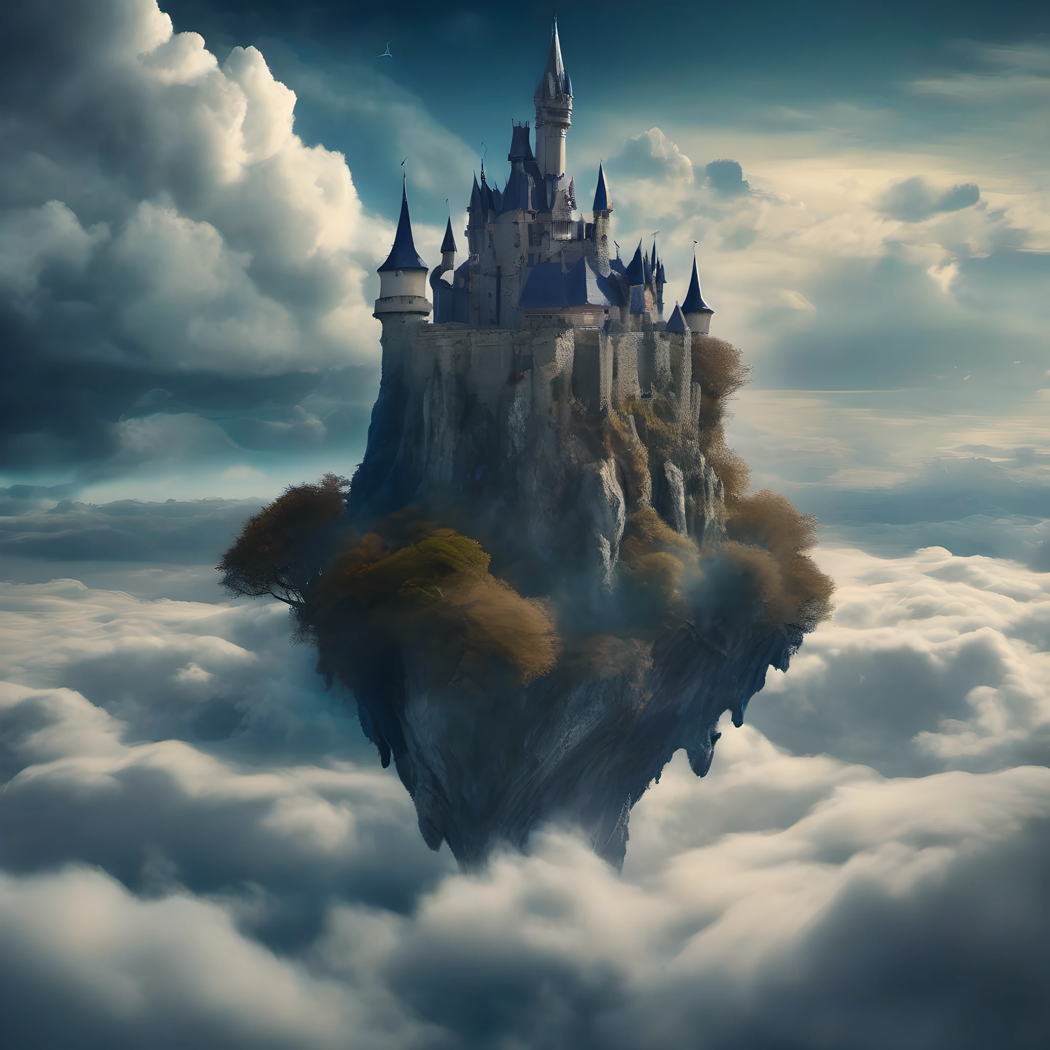 Crea un hiperrealista, High-resolution image of a soft earth elemental lurking in an enchanted castle floating above the clouds . The style should be reminiscent of classic fairytale illustrations with deep blues and blacks with contrasting moonlight.... . Use a standard lens to capture the image, style of George B. Bridgman   --estilo raw