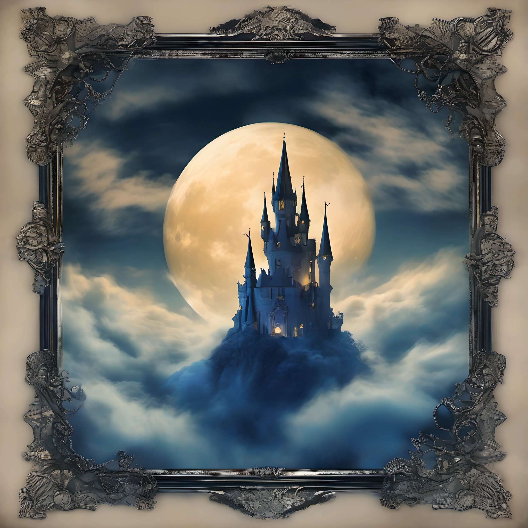 Crea un hiperrealista, High-resolution image of a soft earth elemental lurking in an enchanted castle floating above the clouds . The style should be reminiscent of classic fairytale illustrations with deep blues and blacks with contrasting moonlight.... . Use a standard lens to capture the image, style of George B. Bridgman --estilo raw