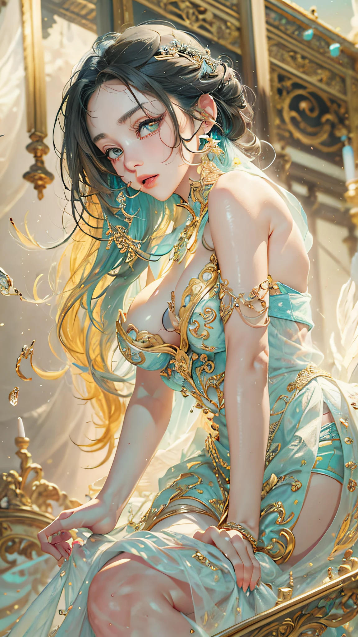 (best qualtiy), ((tmasterpiece)), 1个Giant Breast Girl,(独奏),half-body portrait, Delicate face, looking at viewert, Firm eyes, exposed bare shoulders,Exquisitehands, Um ser celestial, light particules, The halo,the ocean, Full of energy, Colorful colors, (Bio-luminescence),(Detailed composition), 电影灯光